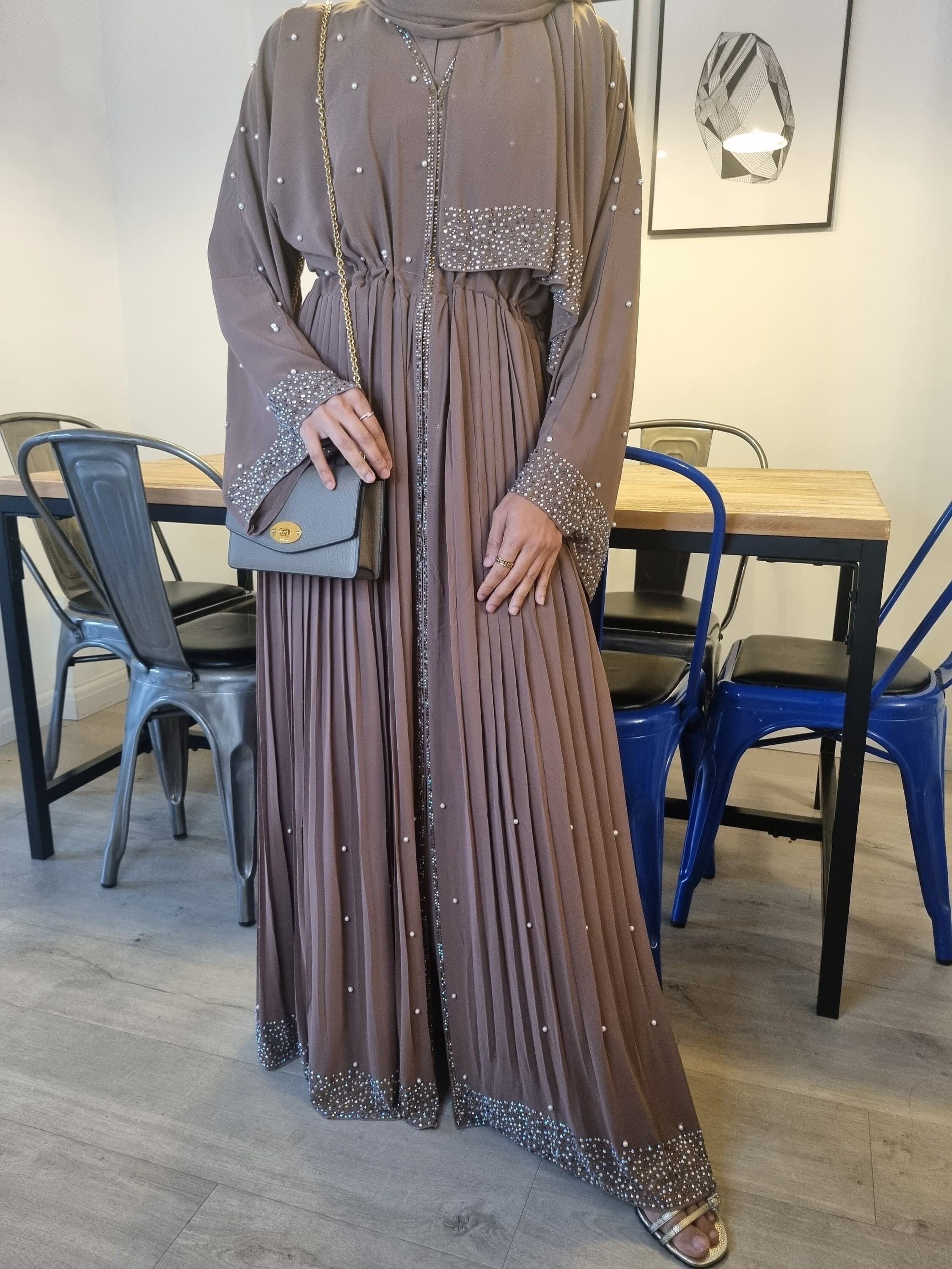 Elegant Jahan Occasion Abaya Set with Pearls, Gemstones, and Pleats - Luxury Dubai, Ideal for Weddings and Parties - Kaftan Maxi Long Dress