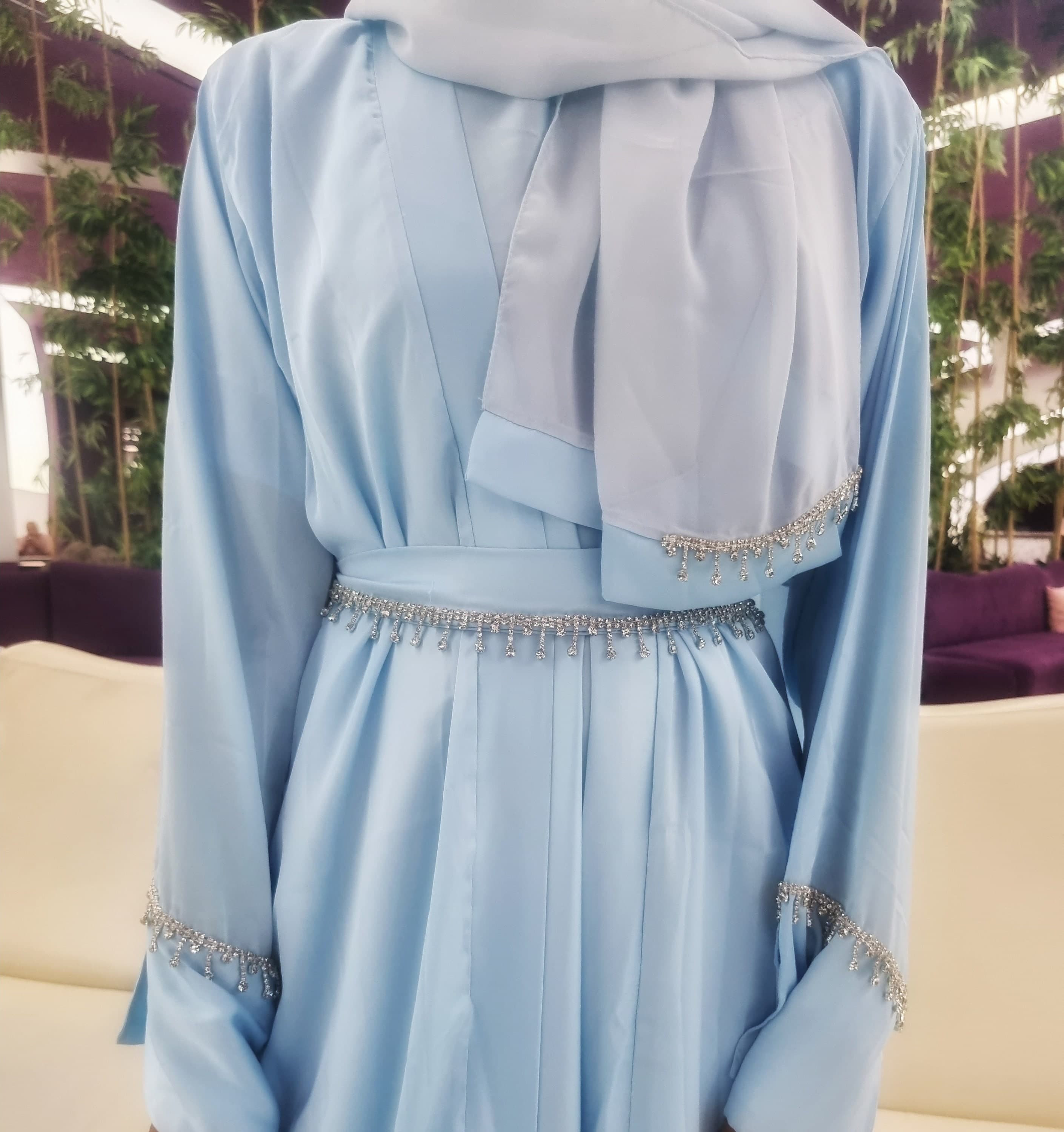 Elsa Satin 4-Piece Abaya Set: Blush, Blue, Teal, Green, Champagne - Luxury Dubai Abayas for Eid, Wedding, Party & Special Occasions - image 5