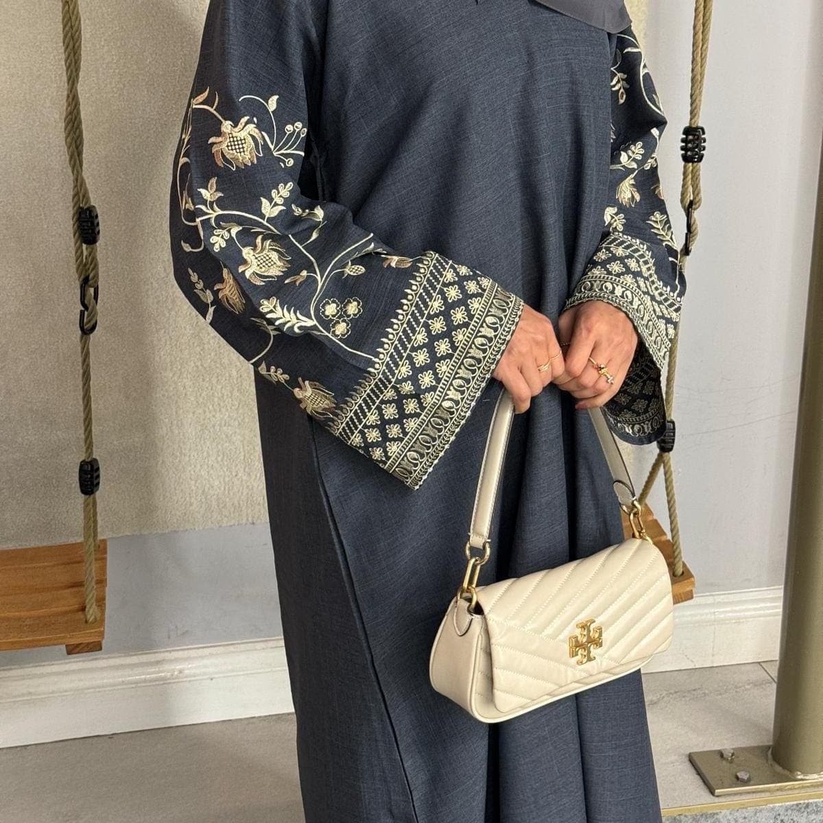 PureAbayas Aafia Embroidery Linen Closed Abaya with Pockets- Autumn Abaya| - image 4