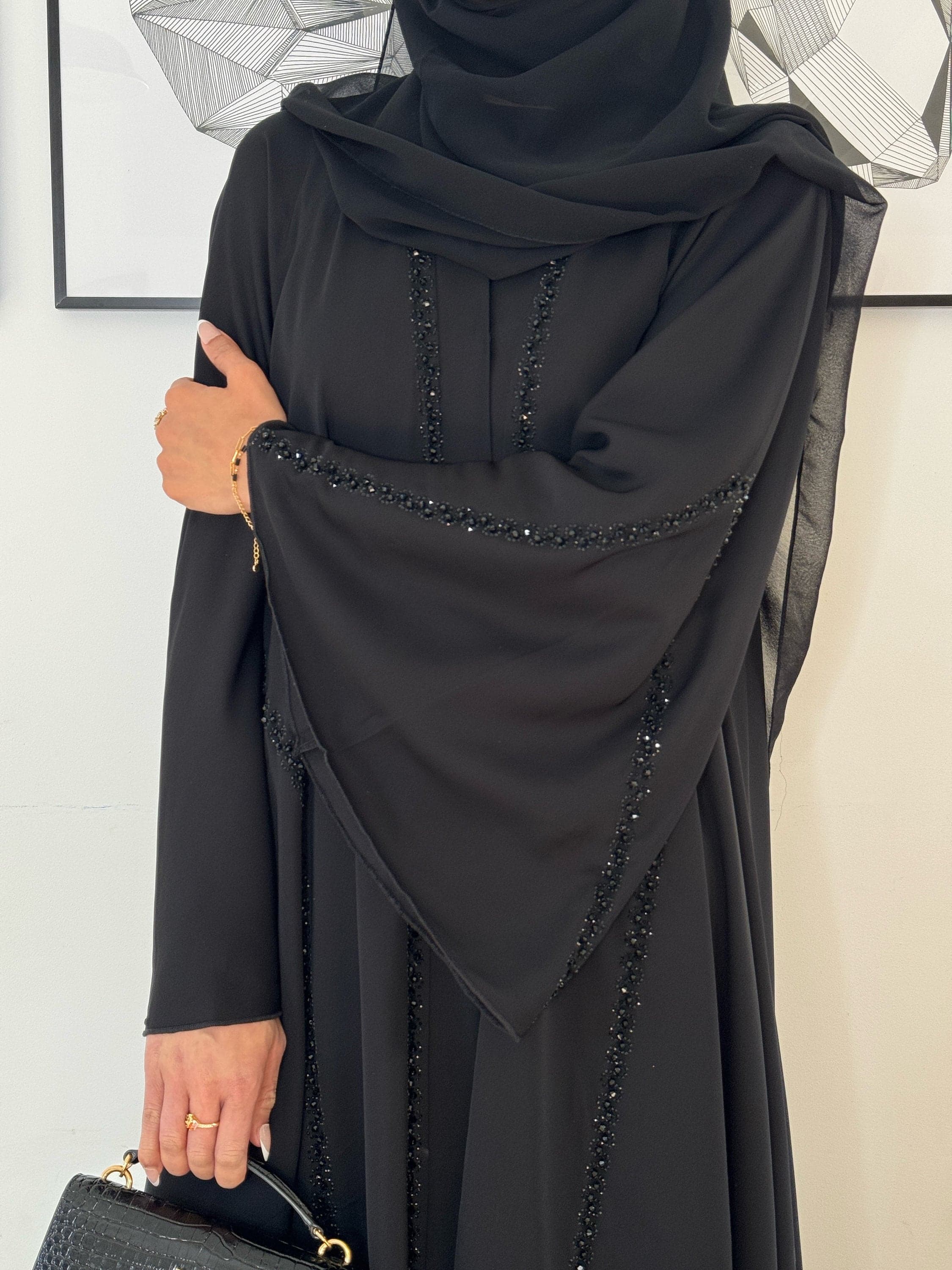 Inaya Open Umbrella Abaya with Handwork and Gemstone Embellishments, Ramadan abaya