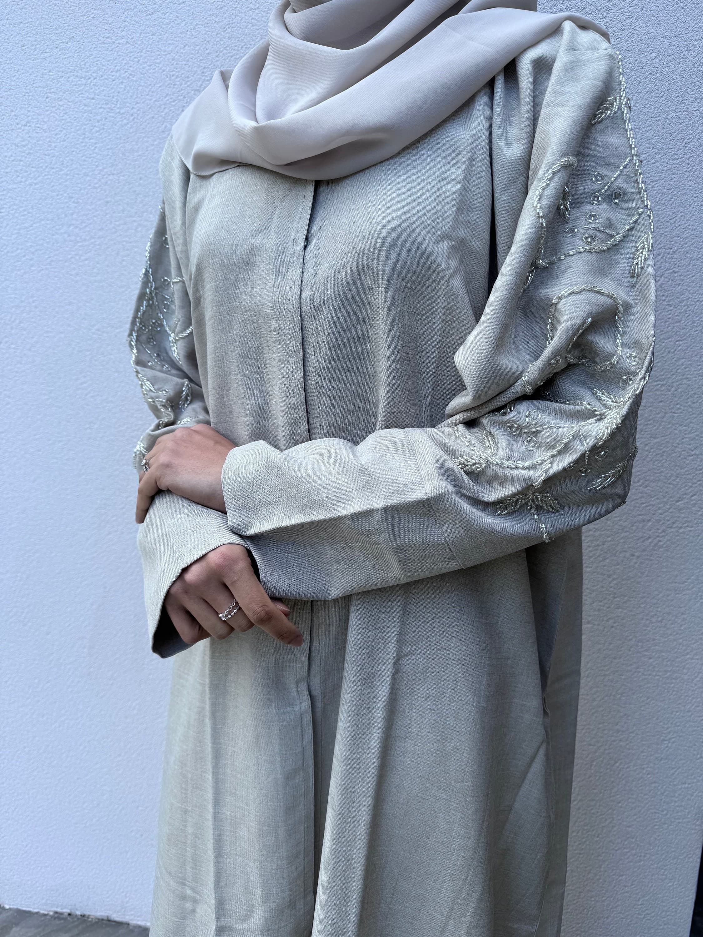 Yara Linen Handwork Open Abaya with Scarf - image 4