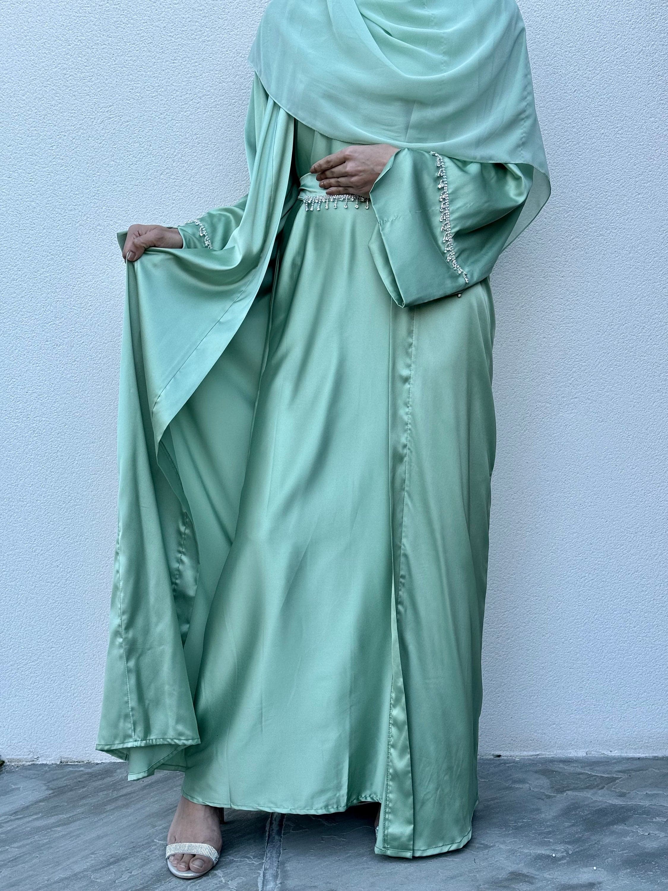 Elsa Satin 4 Pieces Abaya Set. Light Green Abaya Set, Sage Mint Green Dubai Abaya, Party Abaya, Occasion Abaya, Wedding - image 3