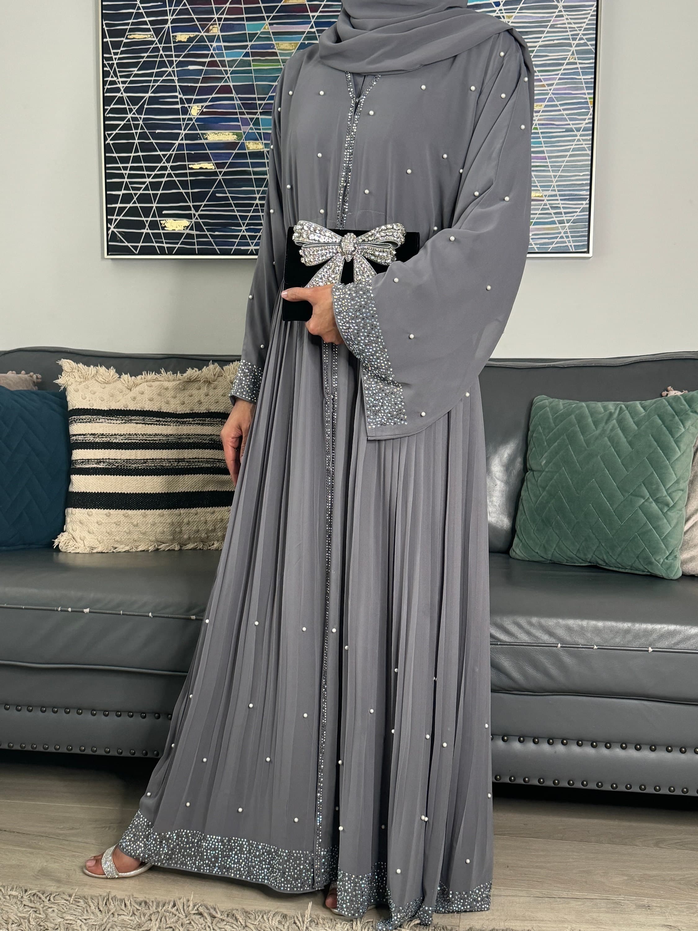 Elegant Jahan Occasion Abaya Set Grey with Pearls, Gemstones - Luxury Dubai, Ideal for Weddings, Eid, Parties, Kaftan Maxi Long Dress