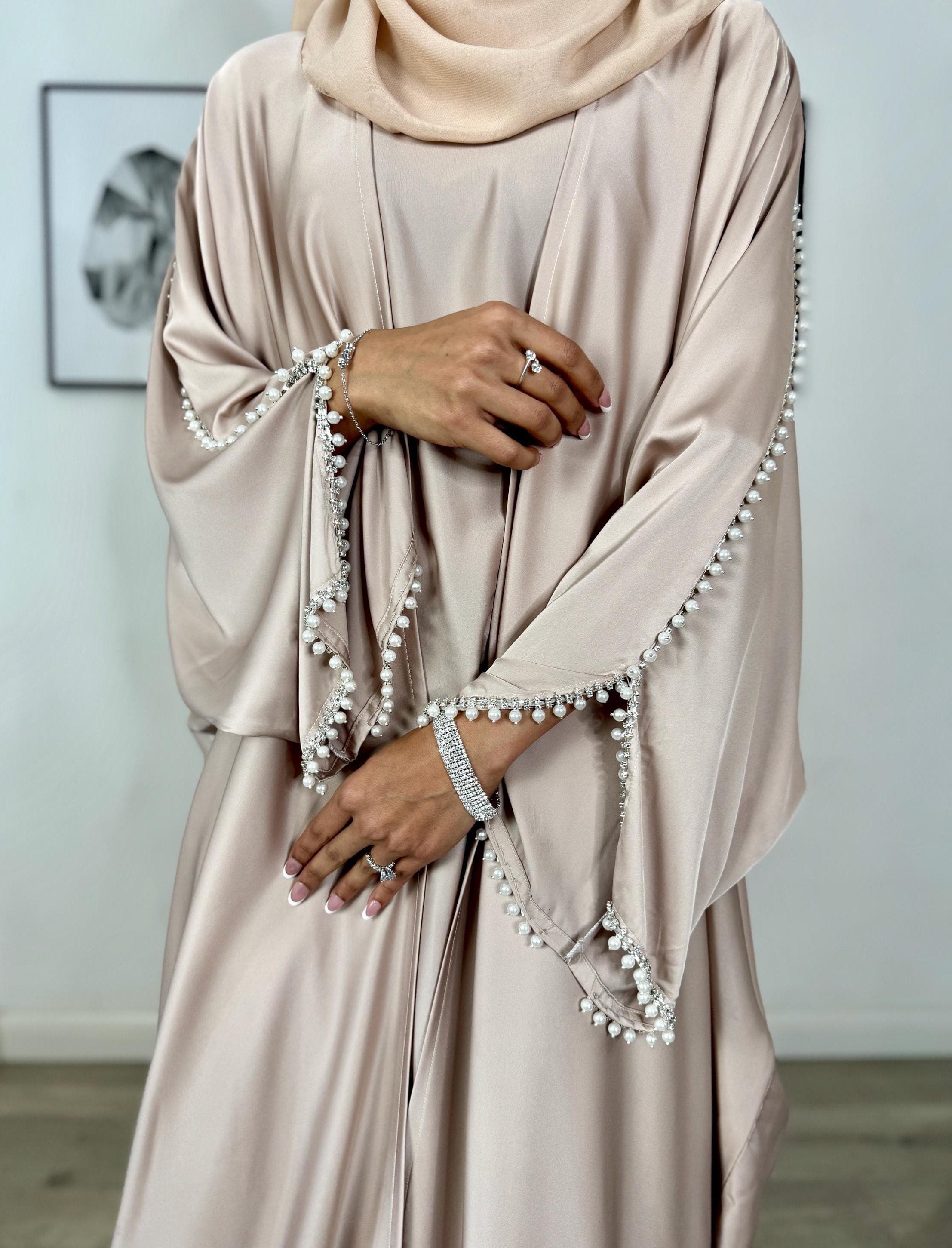 PureAbayas Lulu - Luxury Satin 3-Piece Abaya Set with Pearl & Diamante Embellishments, Open Butterfly Design, Slip Dress, and Matching Scarf