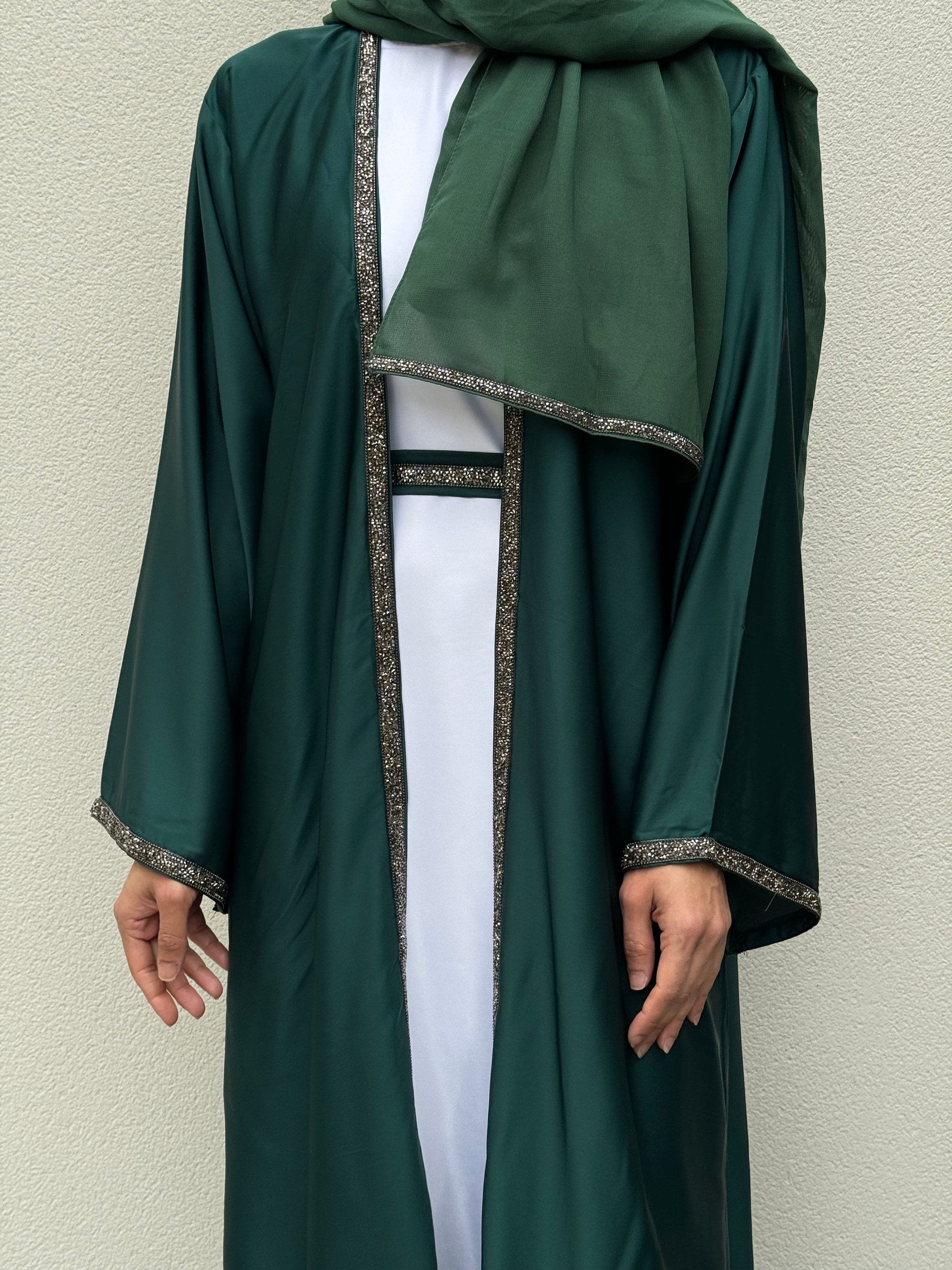 Julia Luxury Satin Silk 4-Piece Abaya Set | Elegant Emerald Green | Modest Fashion for Parties, Weddings, Special Occasions, and Eid Outfits - image 3
