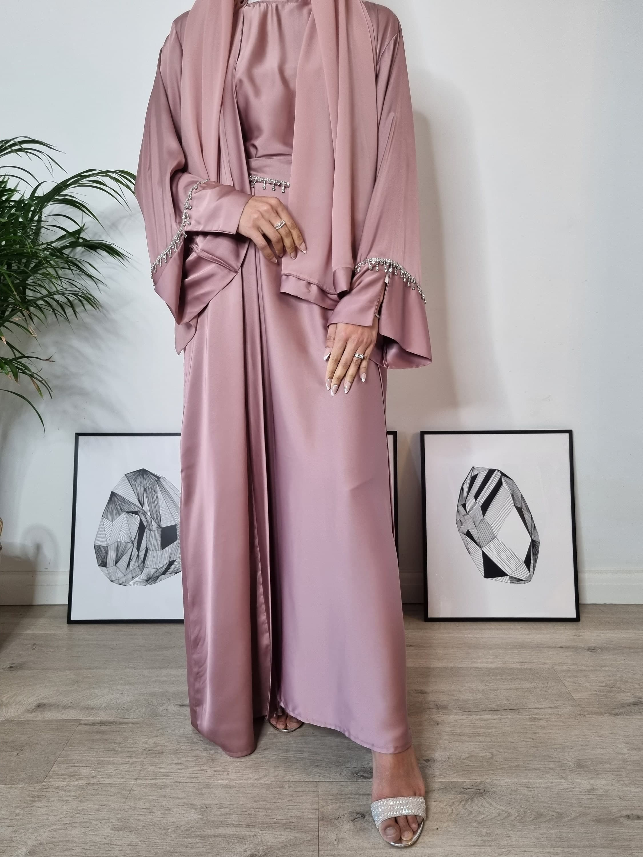 Elsa Satin 4-Piece Abaya Set: Blush, Blue, Teal, Green, Champagne - Luxury Dubai Abayas for Eid, Wedding, Party & Special Occasions