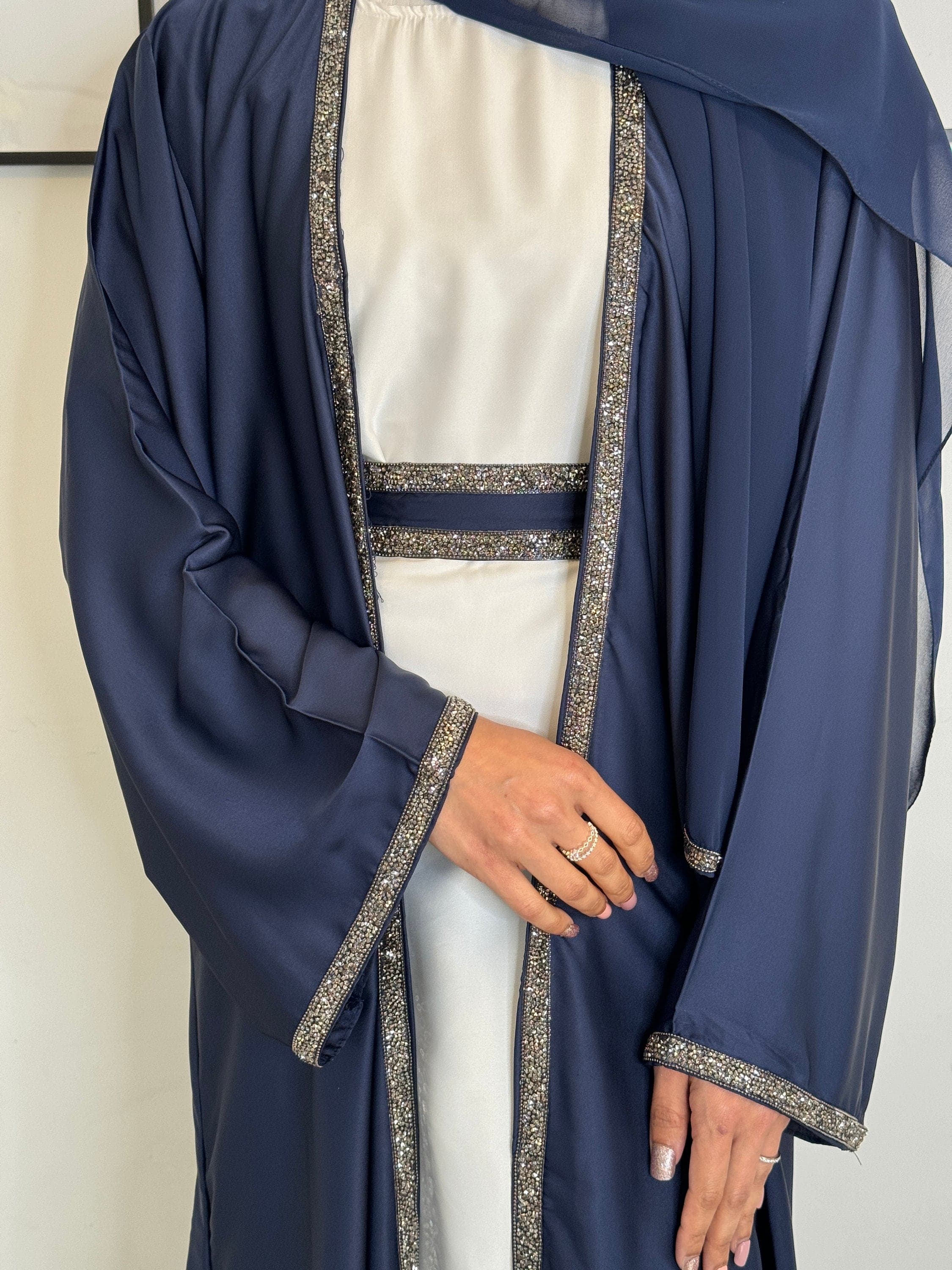 Julia Luxury Satin 4-Piece Abaya Set | Navy | Pink Embellished Modest Fashion for Parties, Weddings, Occasions, Eid Outfit, Bridesmaid