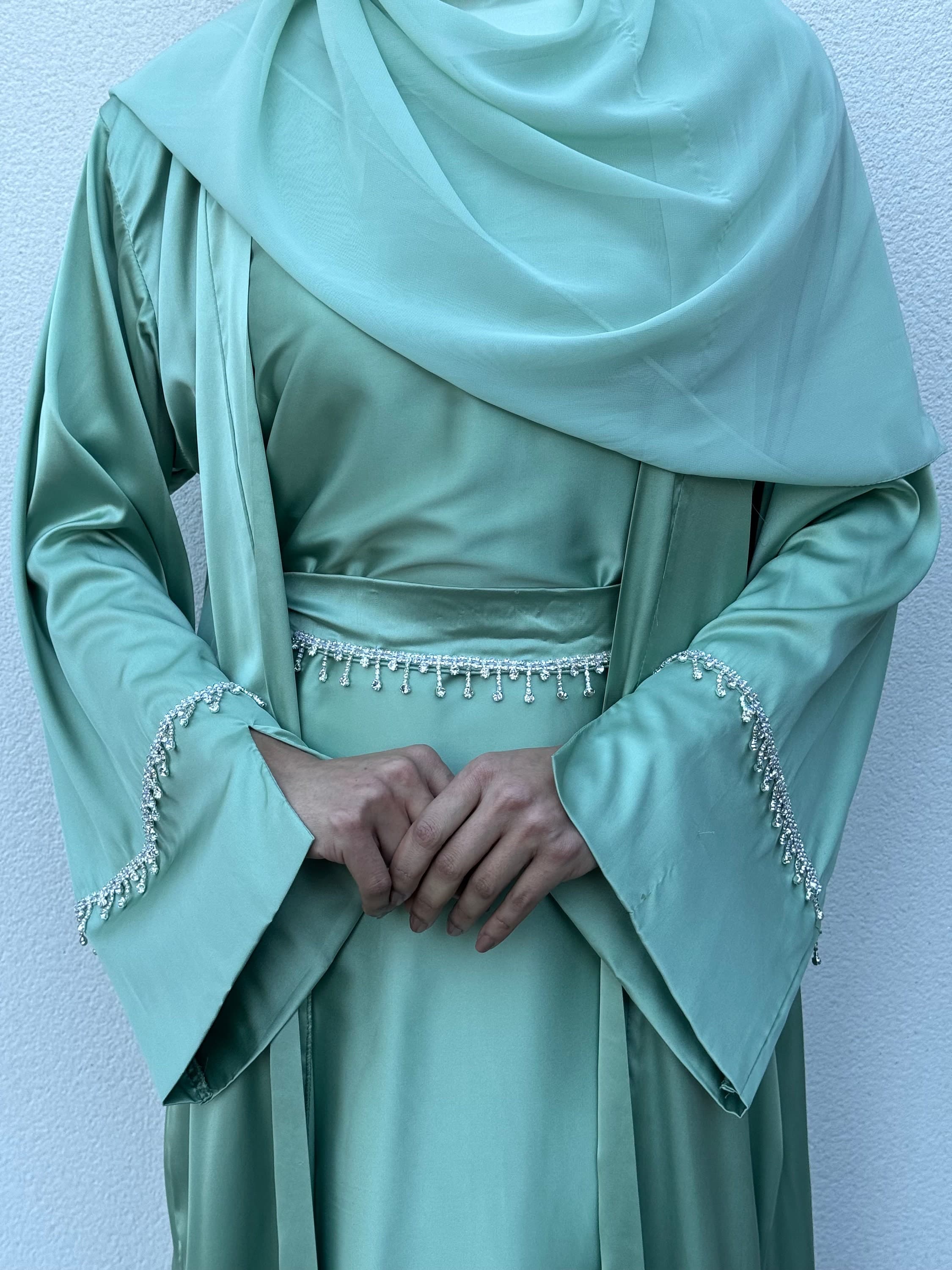 Elsa Satin 4 Pieces Abaya Set. Light Green Abaya Set, Sage Mint Green Dubai Abaya, Party Abaya, Occasion Abaya, Wedding - image 4