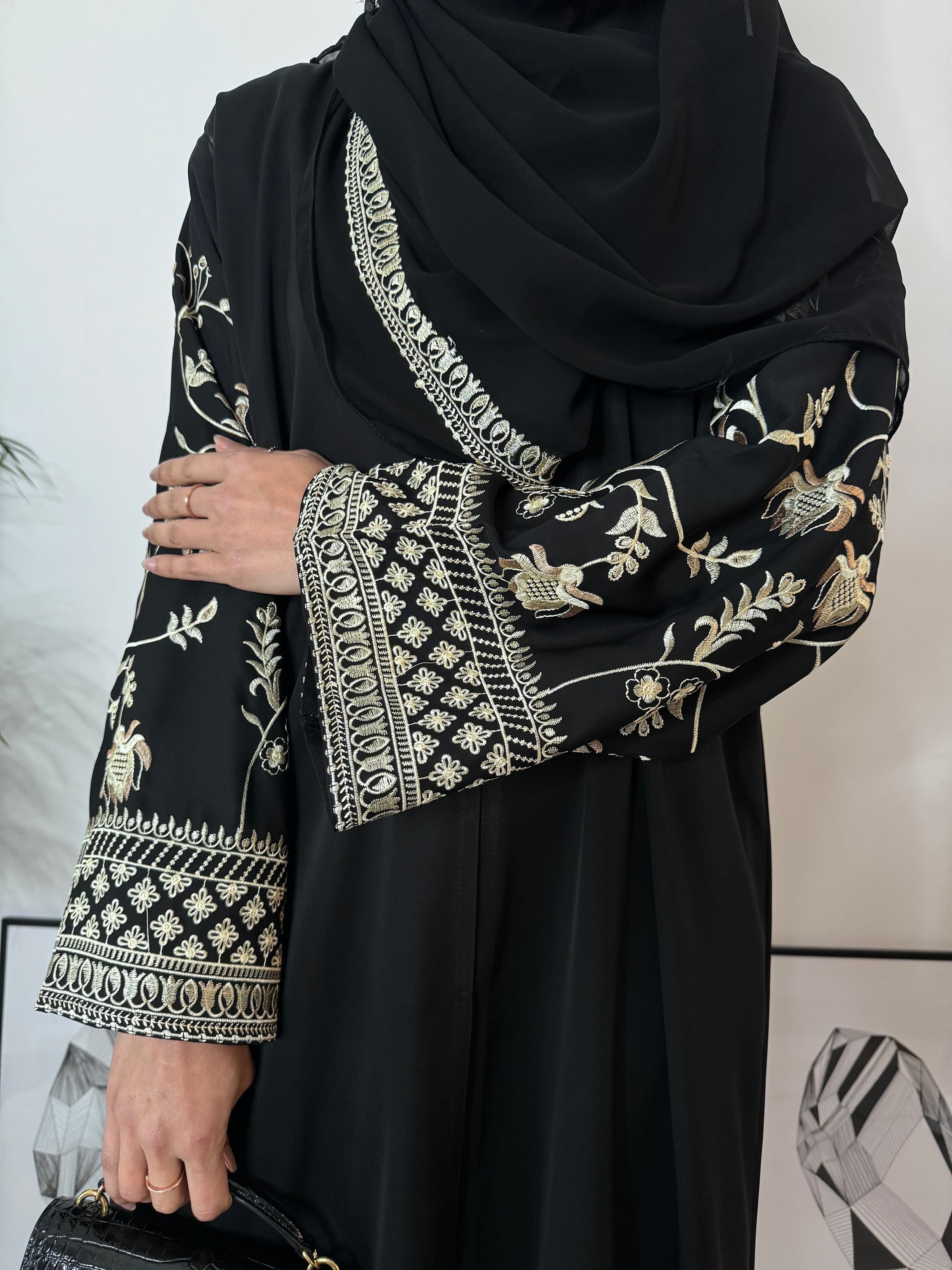 Sofia Embroidered Open Abaya - Black Abaya with Gold Embroidery On Sleeves - Abaya and Embroidered Hijab 2 Piece Set - Eid Outfit, Ramadan - image 3