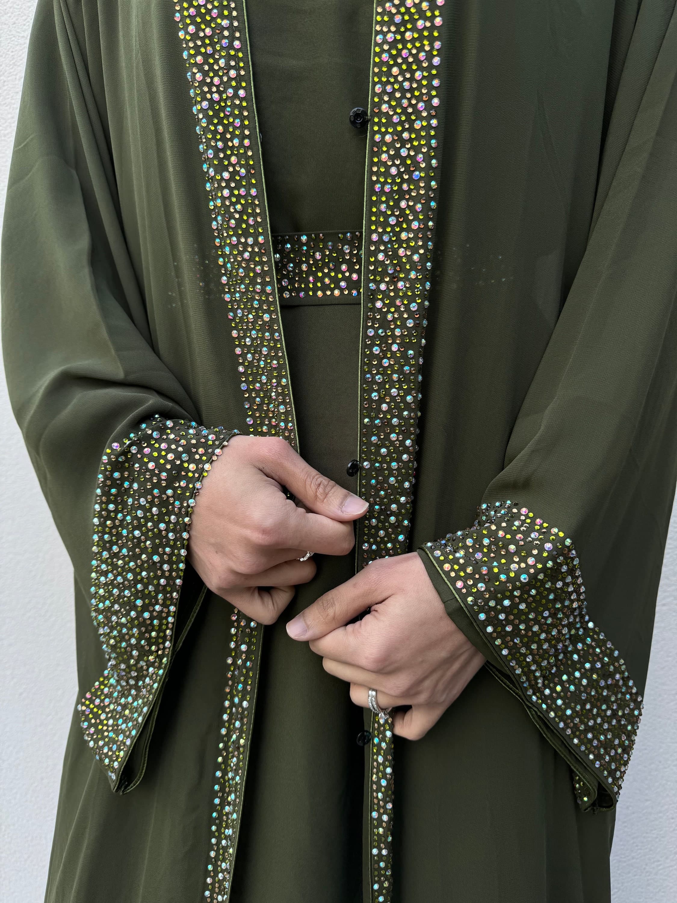 Kaia Occasion Abaya Set with Gemstones Khaki Olive Green - Luxury Dubai, Ideal for Weddings and Parties - Maxi Long Dress - image 4