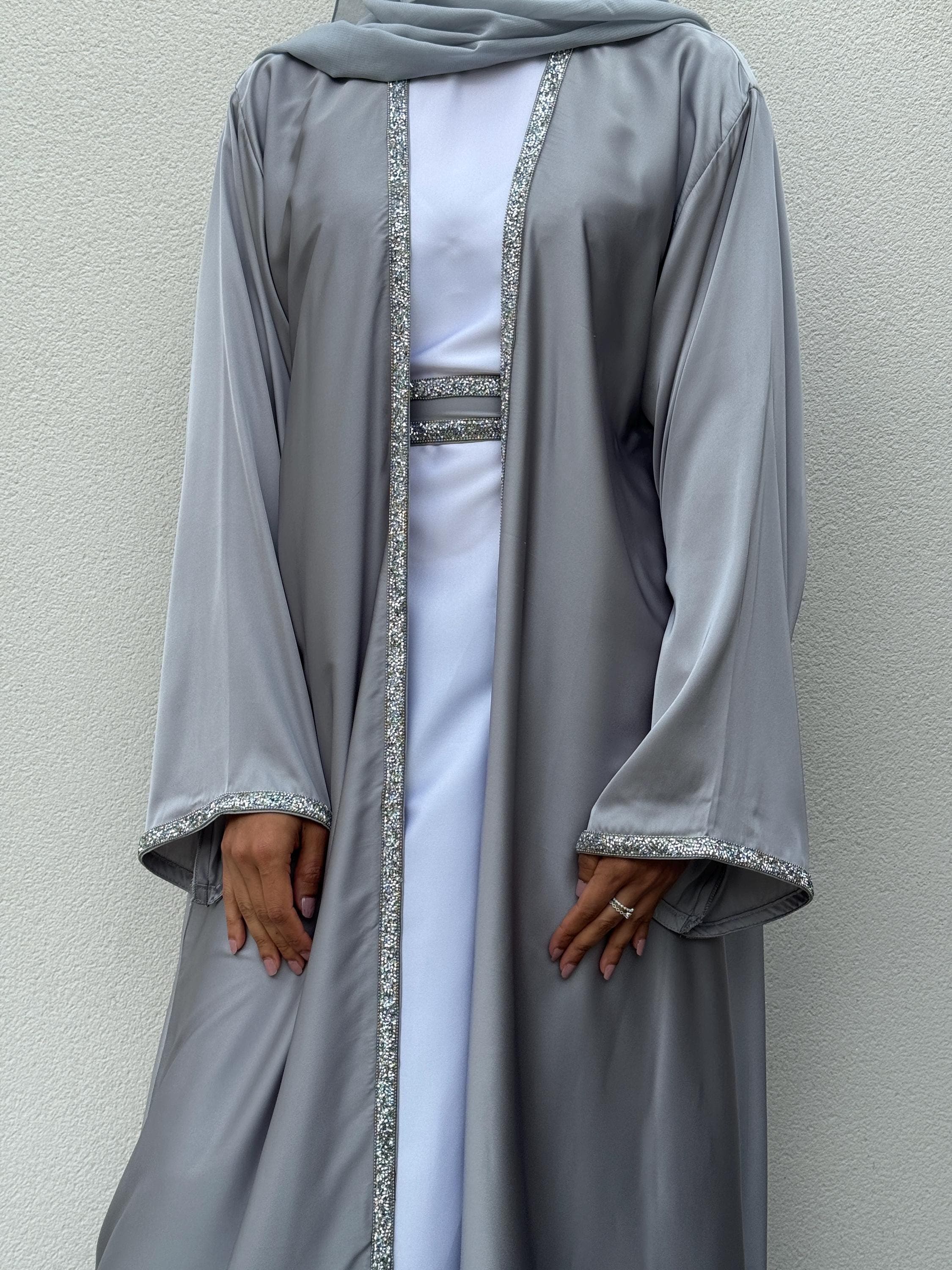 Julia Luxury Satin Silk 4-Piece Abaya Set | Elegant Silver Grey | Embellished Modest Fashion for Parties, Weddings, Occasions, Eid Outfit - image 3