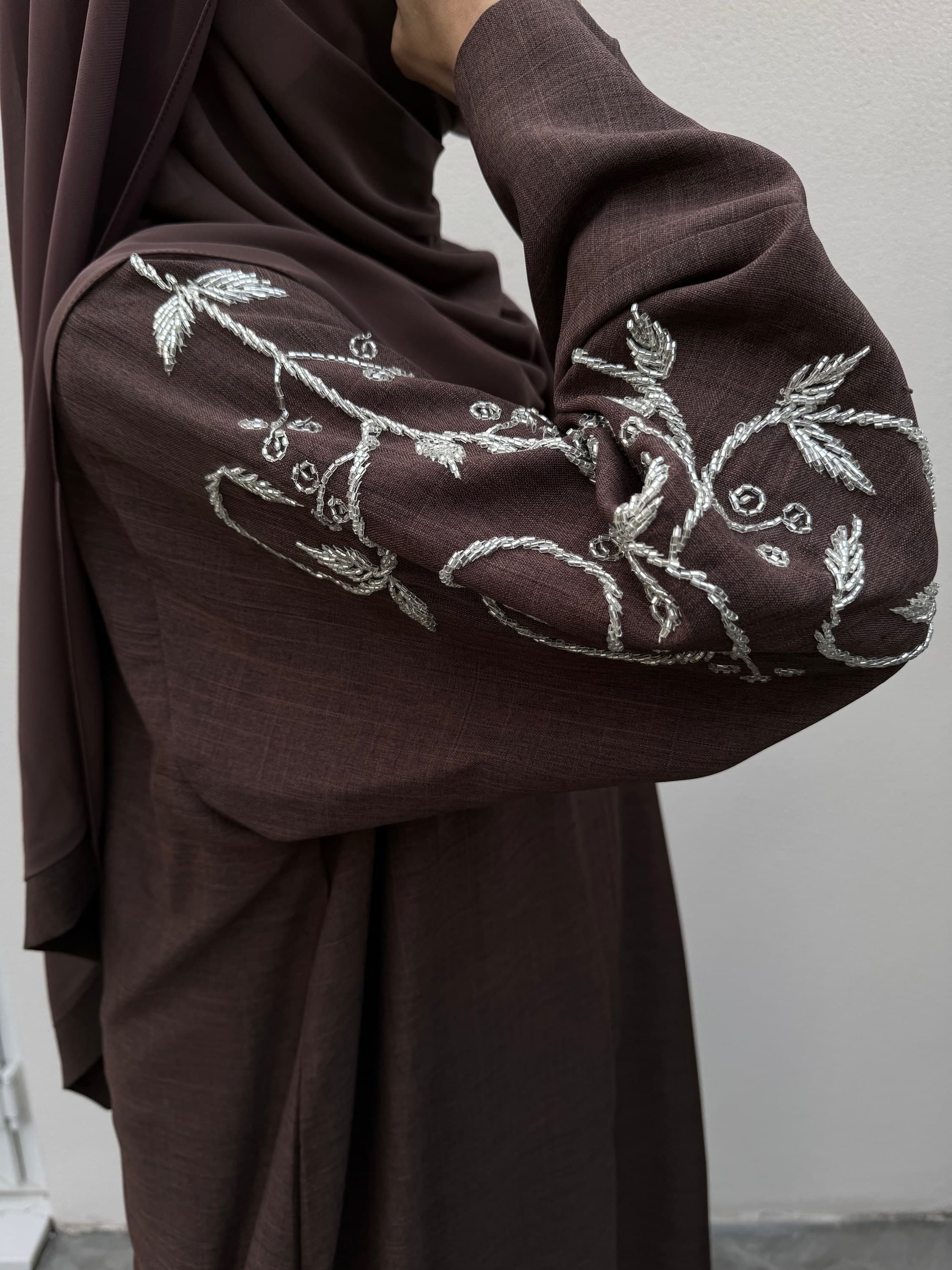 Yara Linen Handwork Open Abaya with Scarf - image 5