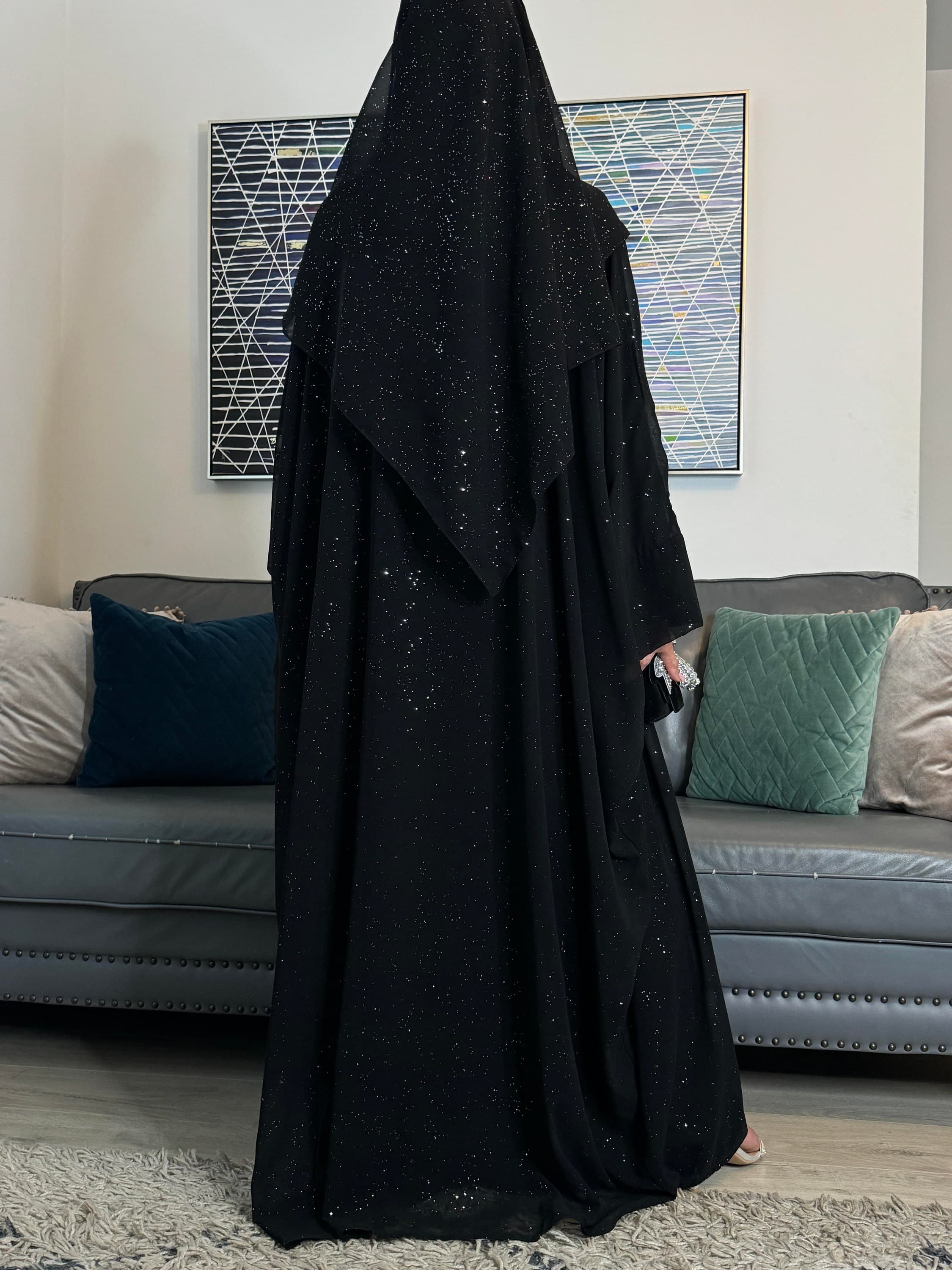 Luxury Twinkle Butterfly Abaya Set with Satin Full Sleeve Inner Dress & Hijab | Elegant 3-Piece Glitter Open Abaya Set - image 4