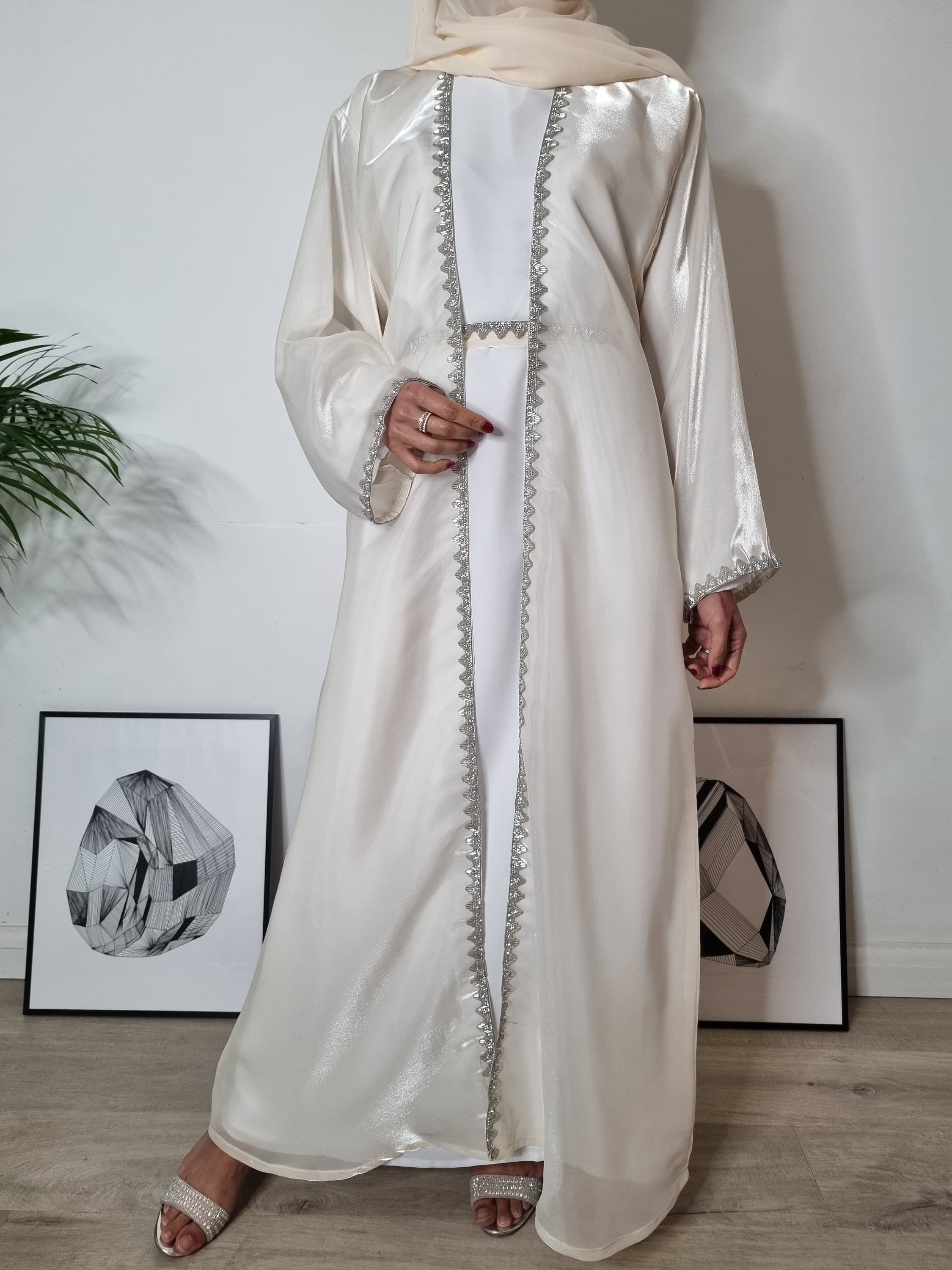 Opulent Malika Organza Silk Abaya 4-Piece Set - Diamanté Embellishments - Pink Blush Champagne Beige Parties and Special Occasions Nikah - image 3