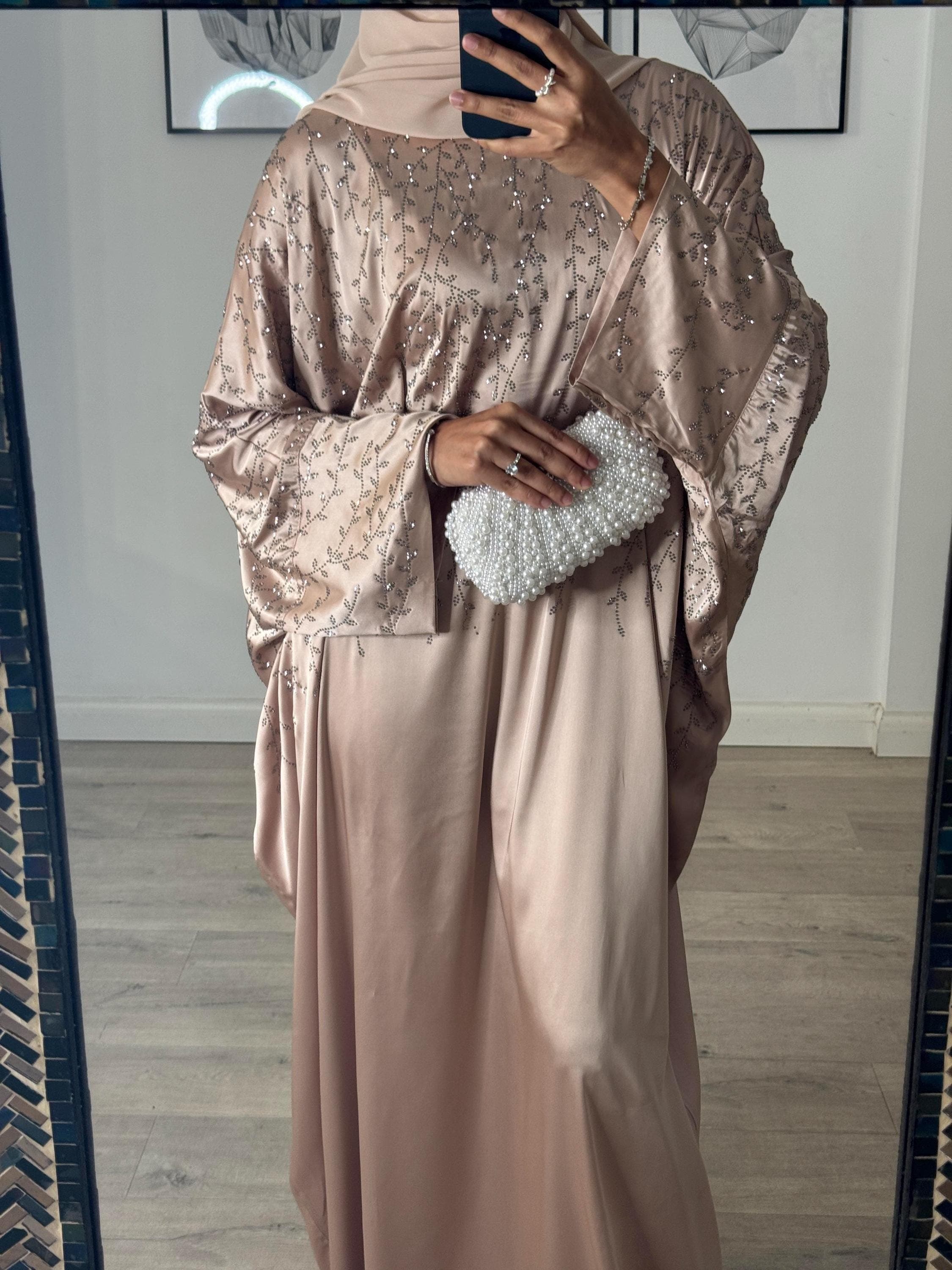 Closed Batwing Abaya - Luxury Satin Butterfly Kaftan with Inner Belt & Matching Hijab Scarf, Eid Outfit, Eid abaya - image 2