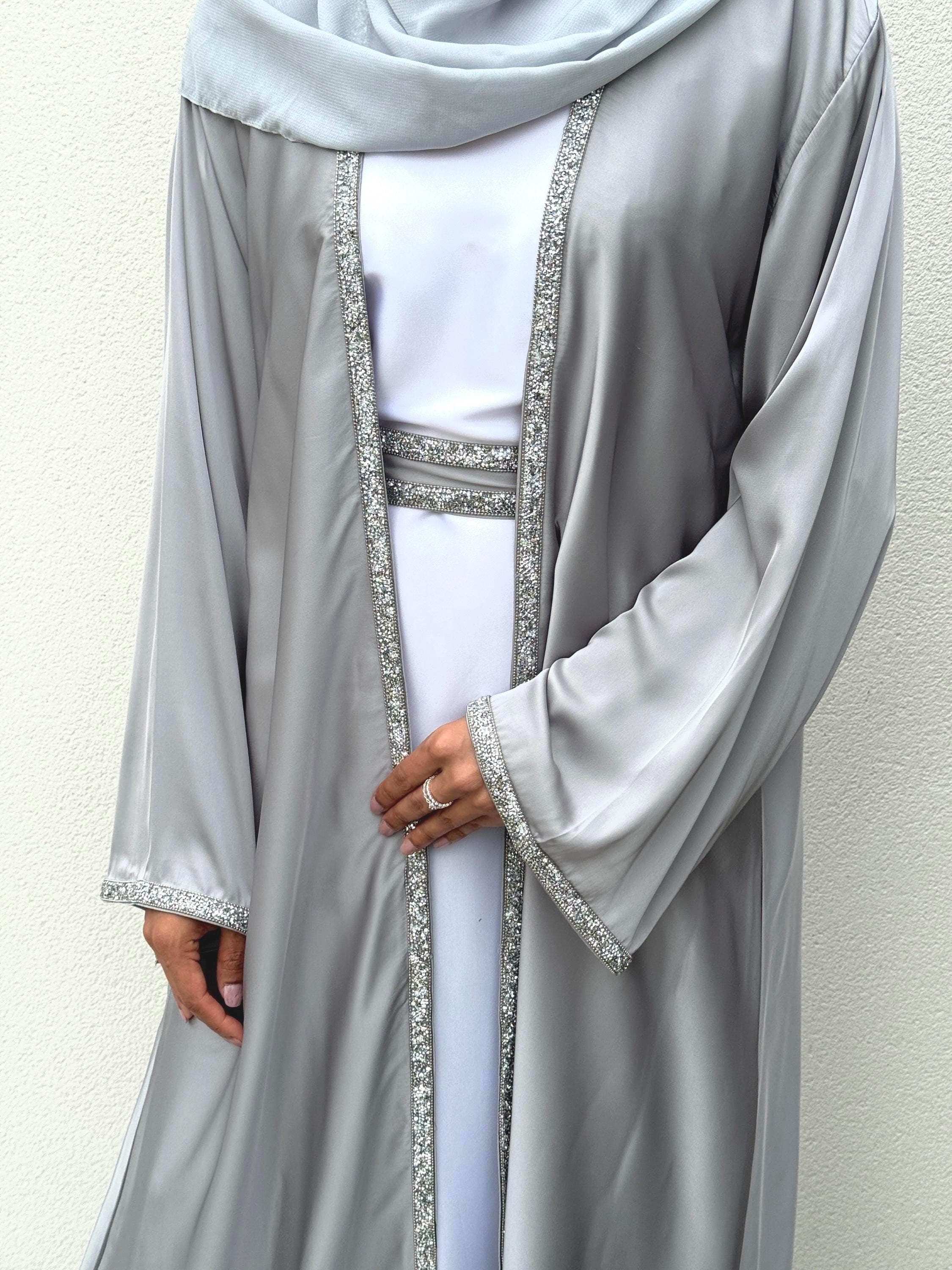 Julia Luxury Satin Silk 4-Piece Abaya Set | Elegant Silver Grey | Embellished Modest Fashion for Parties, Weddings, Occasions, Eid Outfit