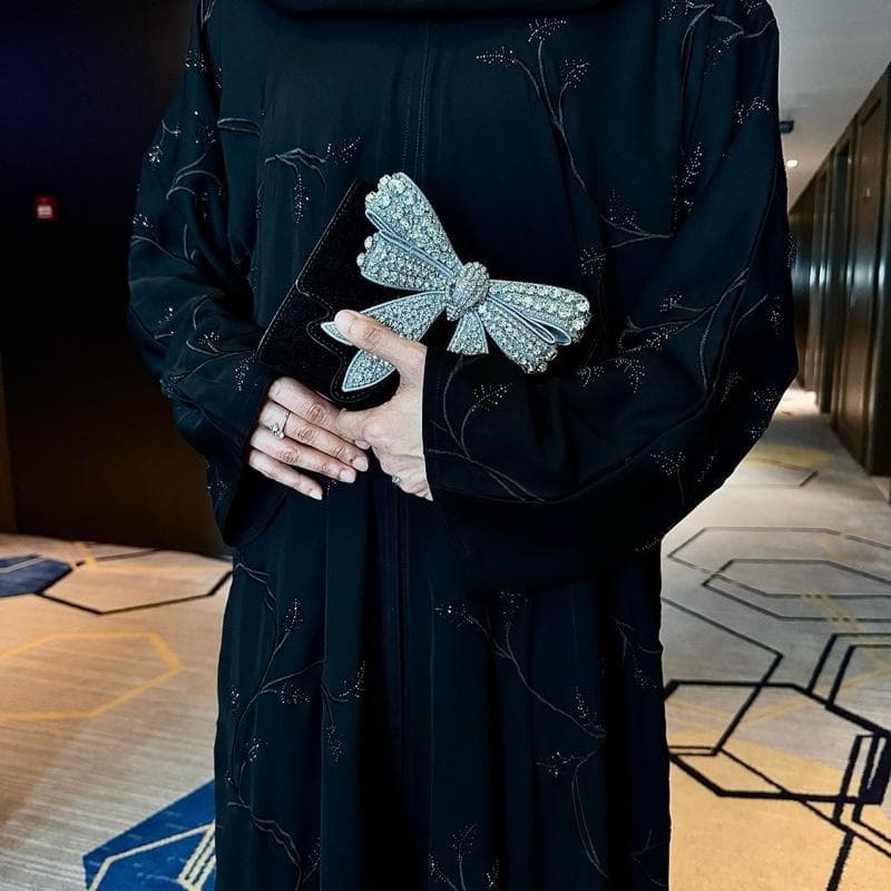 PureAbayas Luxury Marwa Open Abaya with Embroidery and Gemstones Embellishments