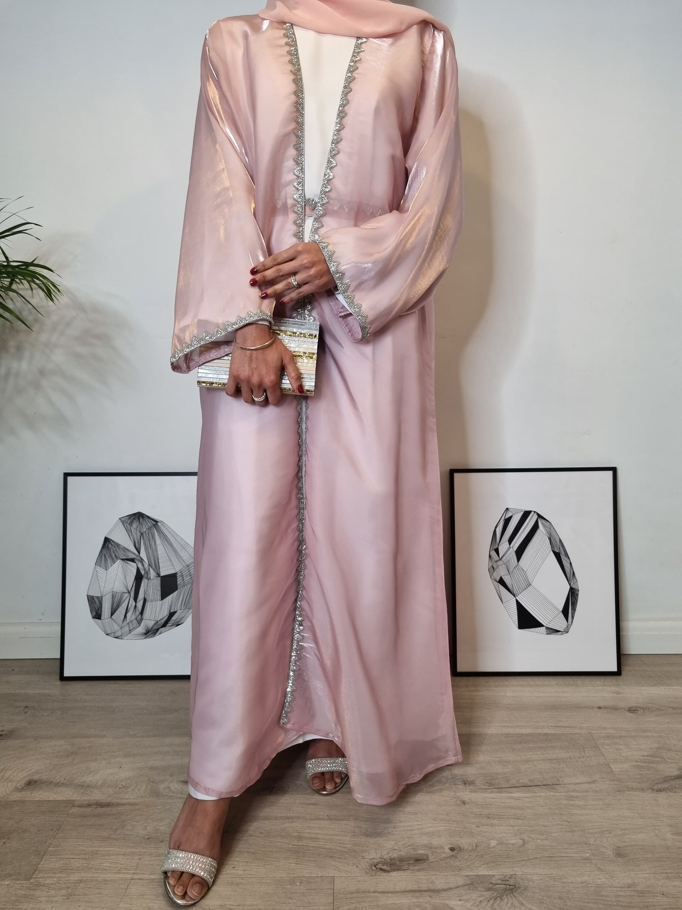 Opulent Malika Organza Silk Abaya 4-Piece Set - Diamanté Embellishments - Pink Blush Champagne Beige Parties and Special Occasions Nikah - image 5