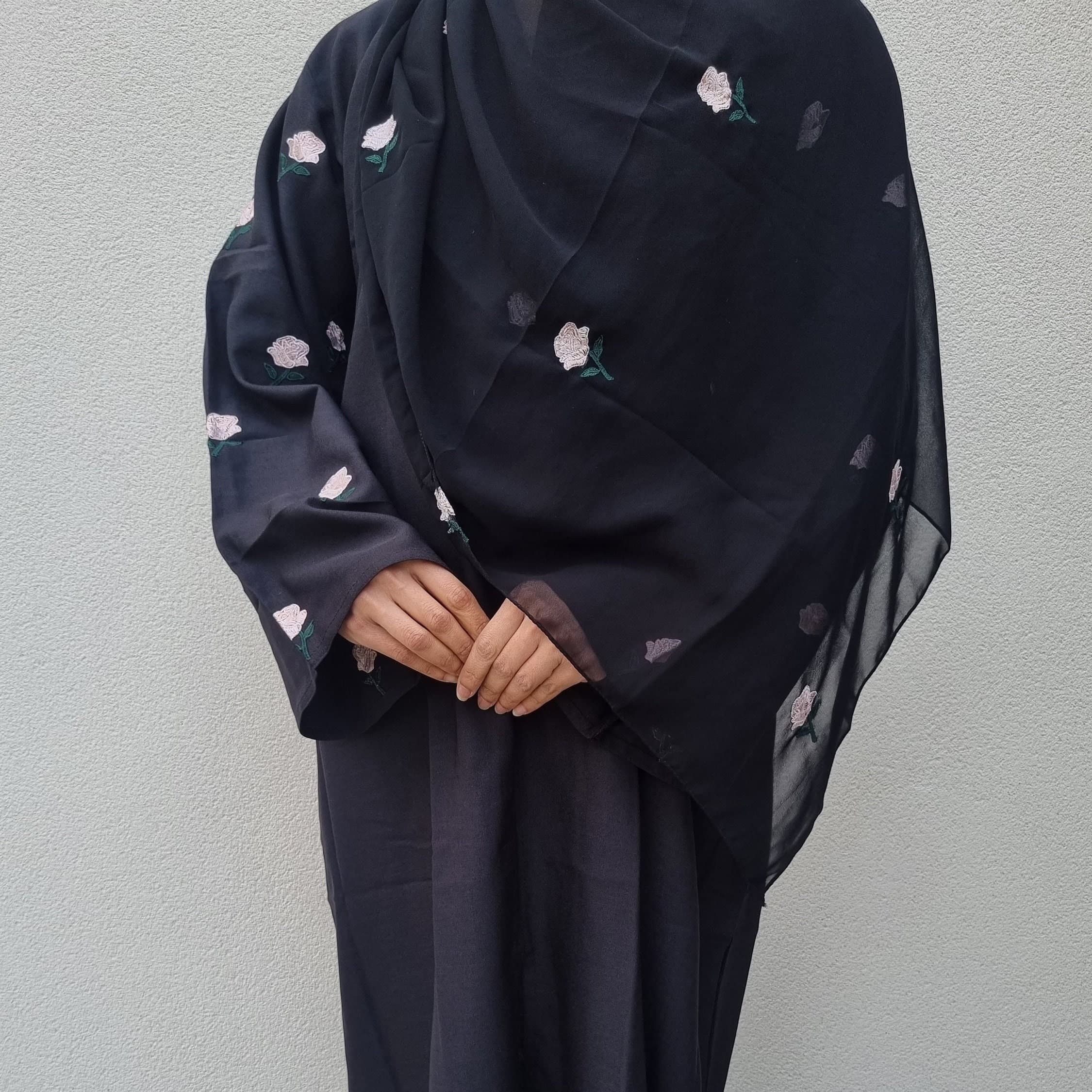 Rose Floral Embroidery Linen Abaya in Black With Luxury Embroidered Hijab - Abaya with Pink Roses