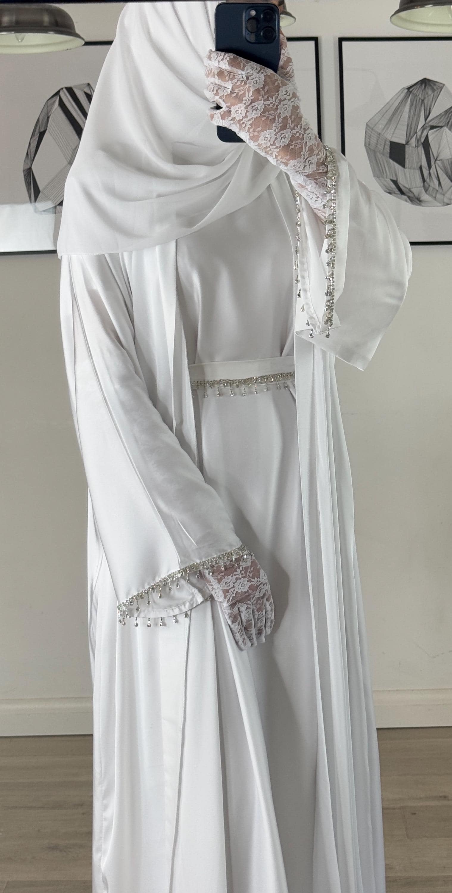 Elegant Anna Satin 4-Piece Open Abaya Dress Set with Diamante Embellishments - Silver Grey