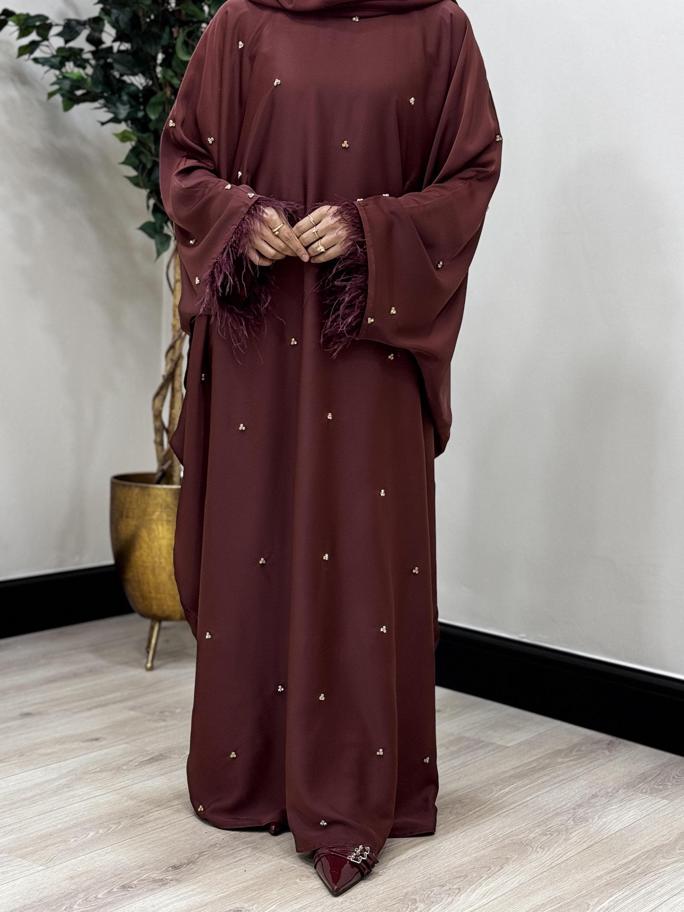 Luxury Feather Batwing Kaftan with Inner belt and Hijab, Eid outfit