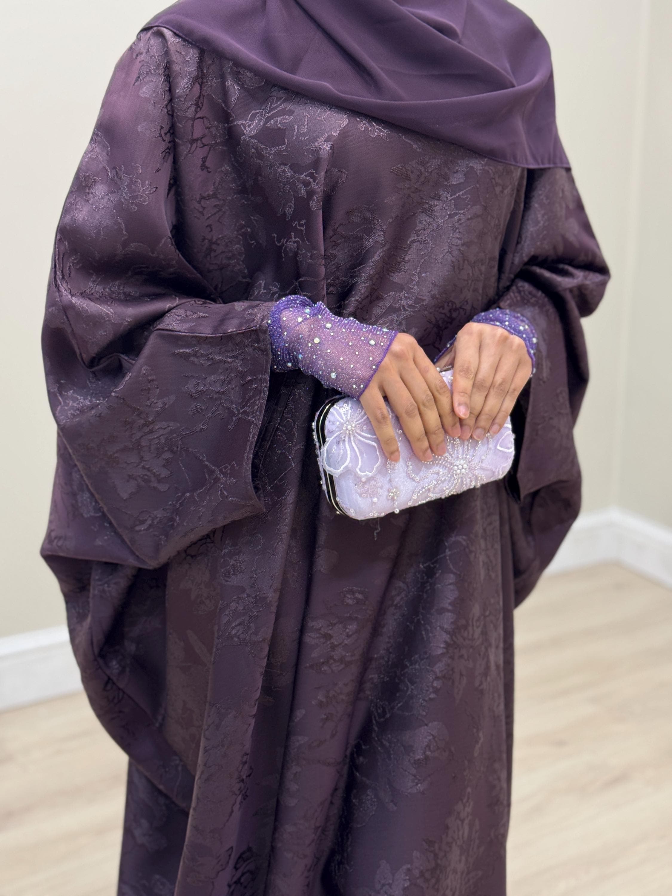 Jacquard Khadija Butterfly  Abaya with  Hijab - Charcoal Black, Dark Brown, - Vine Leaves Design- winter abaya, Eid outfit