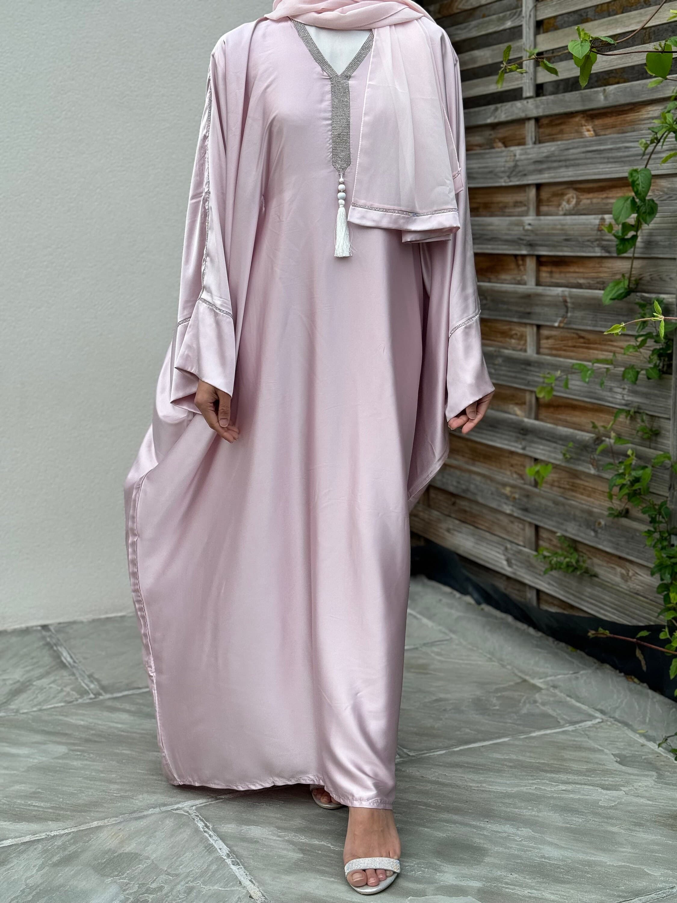 Heena Closed Satin Kaftan Abaya with Gemstone Embellished Collar, Inner Belt & Tassel - Candy Floss Pink and Mint - image 5