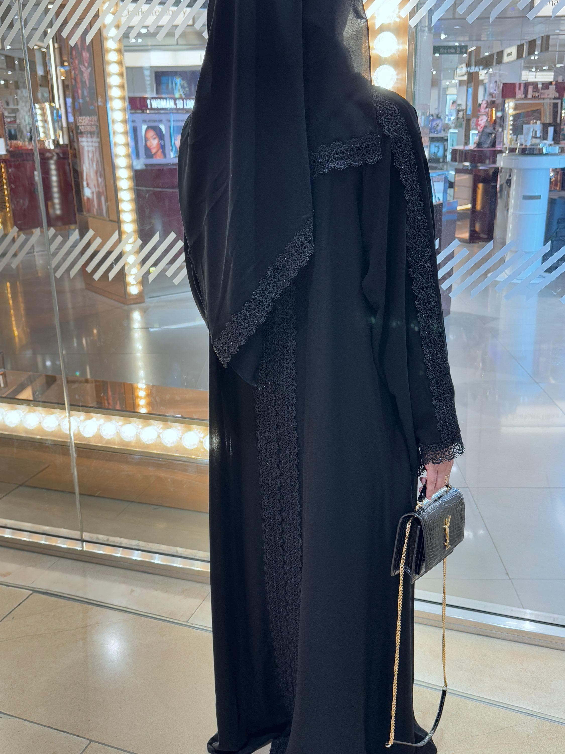 PureAbayas Lamia 2-Piece Open Abaya Set – Black Double Chiffon with Lace and - image 4