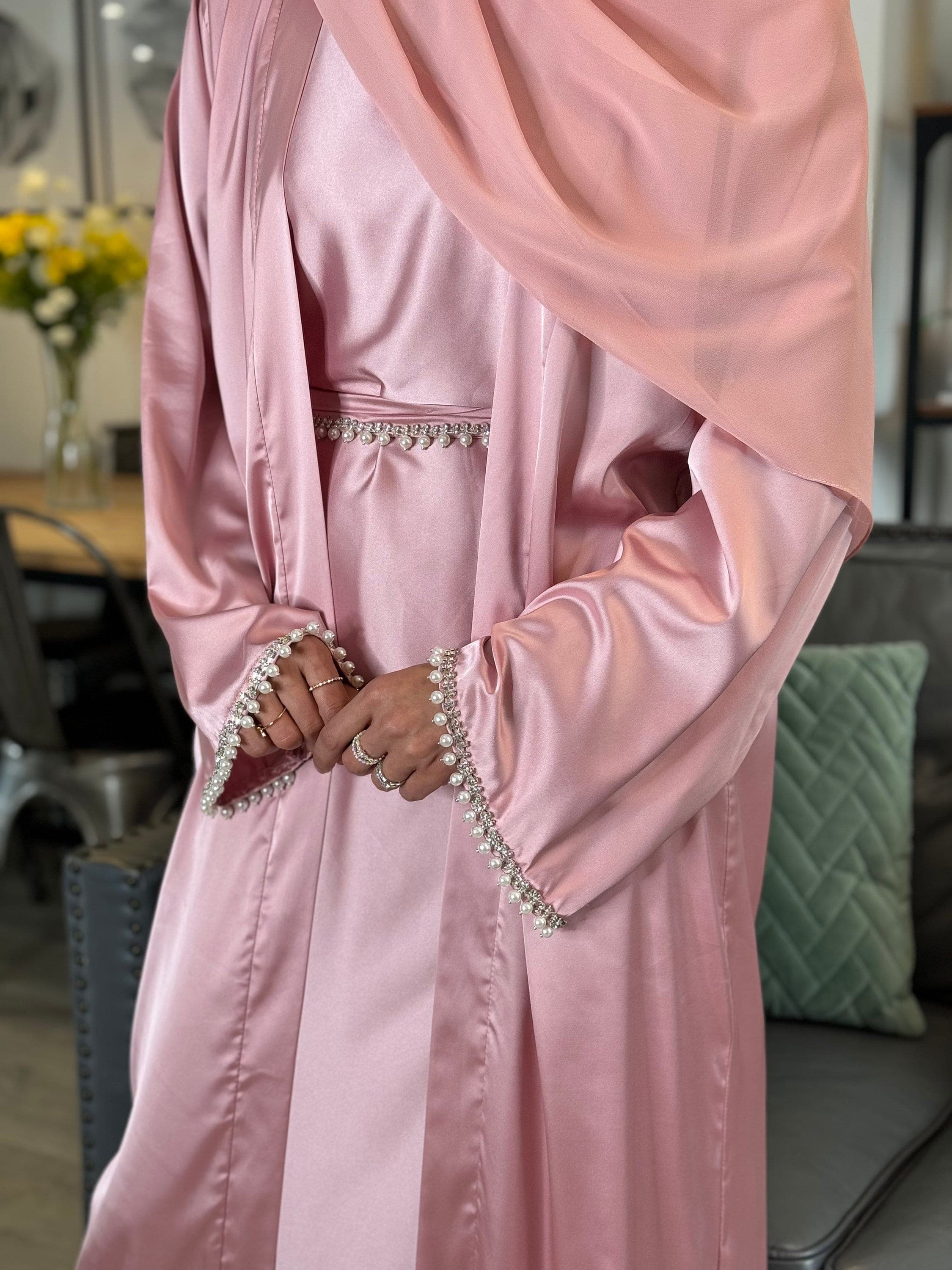 Luxurious Yasmin Satin Abaya Set, Featuring Pearl and Diamanté Embellishments, Modest Bridesmaid Dress and Party Wear for Eid and Special Occasions