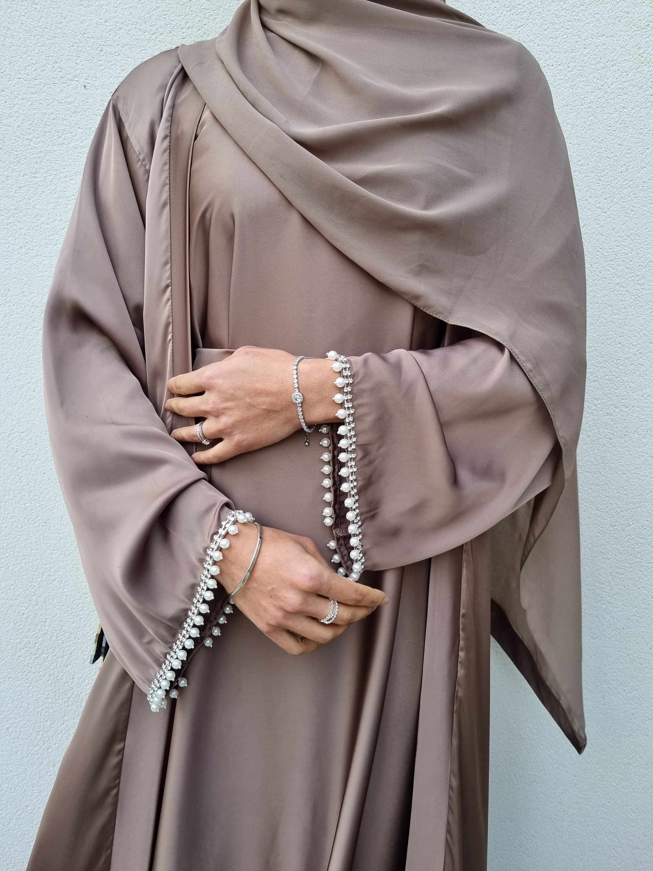 Opulent Yasmin Satin Abaya 4-Piece Set - Pearl and Diamanté Embellishments - Open Abaya for Eid Parties and Special Occasions