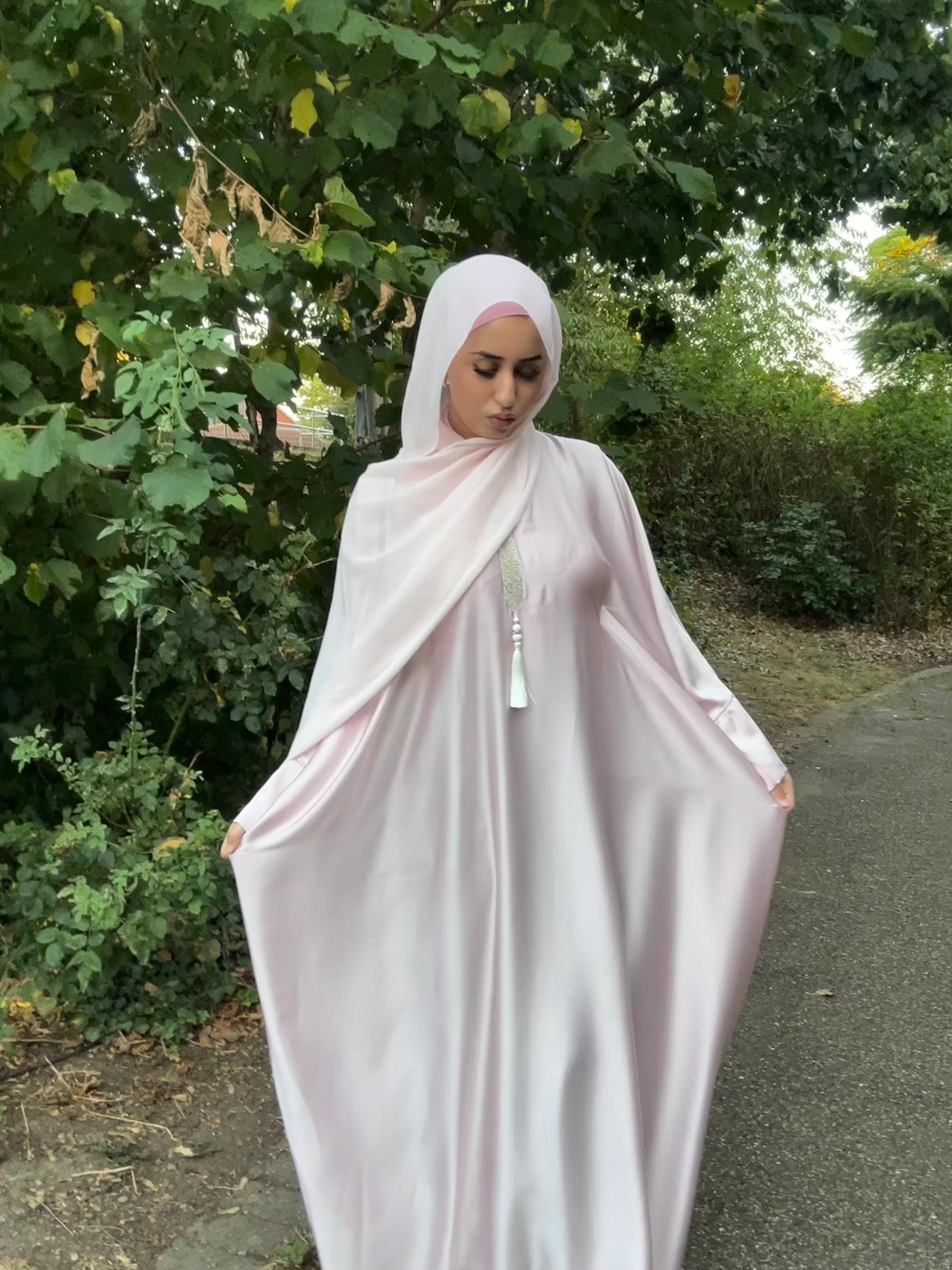 Heena Closed Satin Kaftan Abaya with Gemstone Embellished Collar, Inner Belt & Tassel - Candy Floss Pink and Mint
