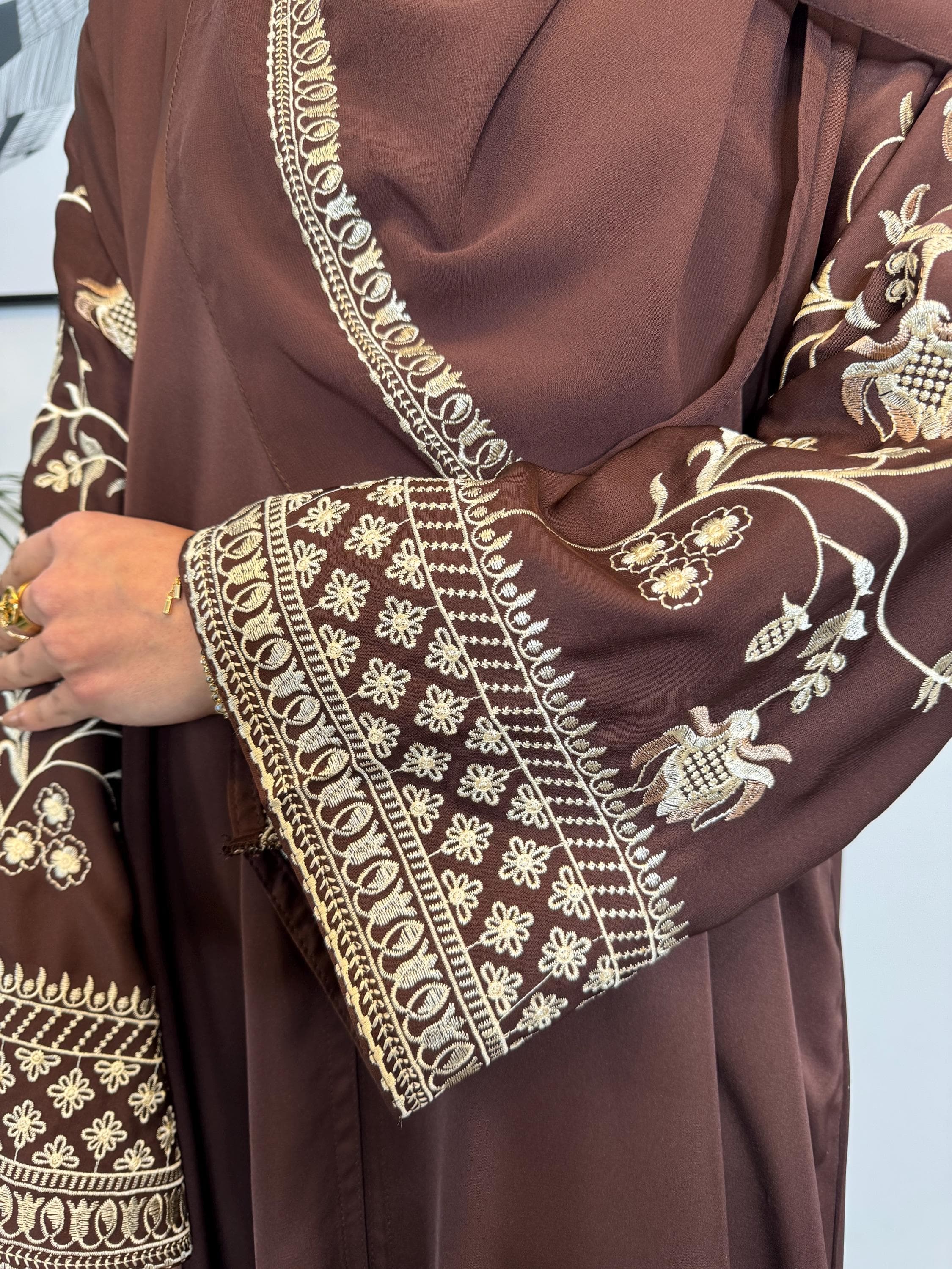 Sofia Embroidered Open Abaya - Black Abaya with Gold Embroidery On Sleeves - Abaya and Embroidered Hijab 2 Piece Set - Eid Outfit, Ramadan