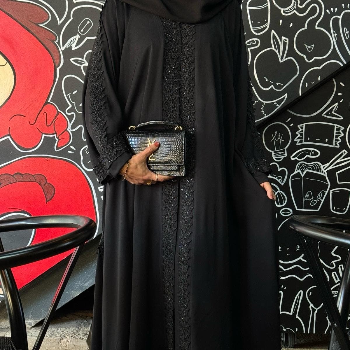PureAbayas Luxury Madina Open Umbrella Abaya with Lace Embellishments