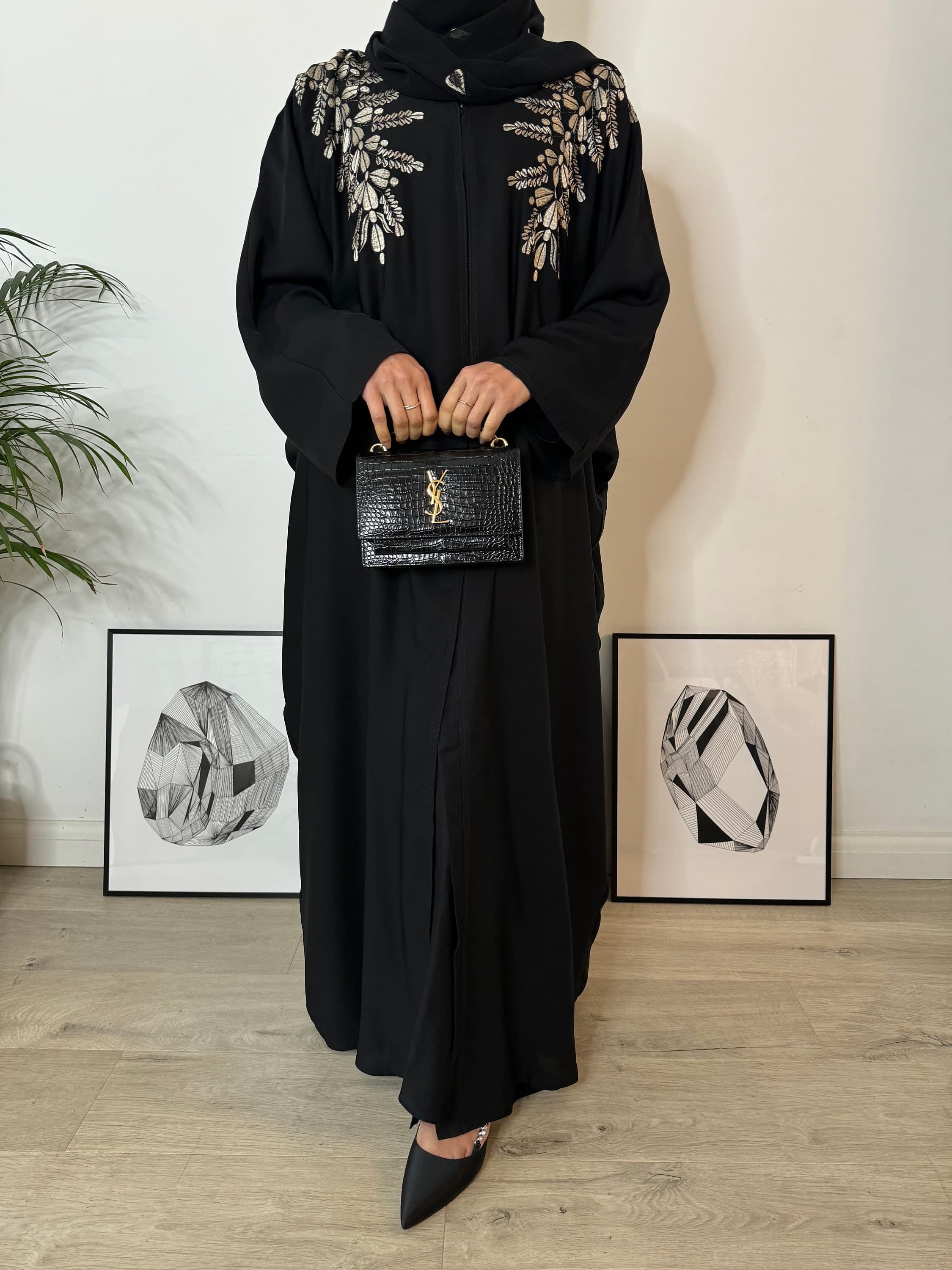 Amal Embroidered Butterfly Abaya - Black Open Abaya with Gold Floral Embroidery and Embroidered Hijab Scarf 2 Piece Set - Farasha Batwing - image 4