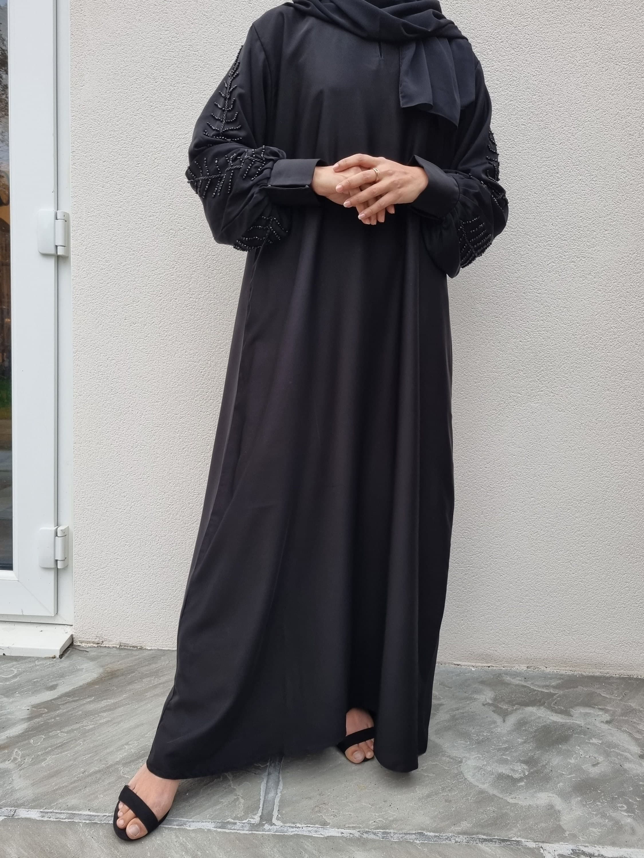 Azra Black Closed Abaya with Handwork - Premium Nida Fabric Modest Wear - image 4
