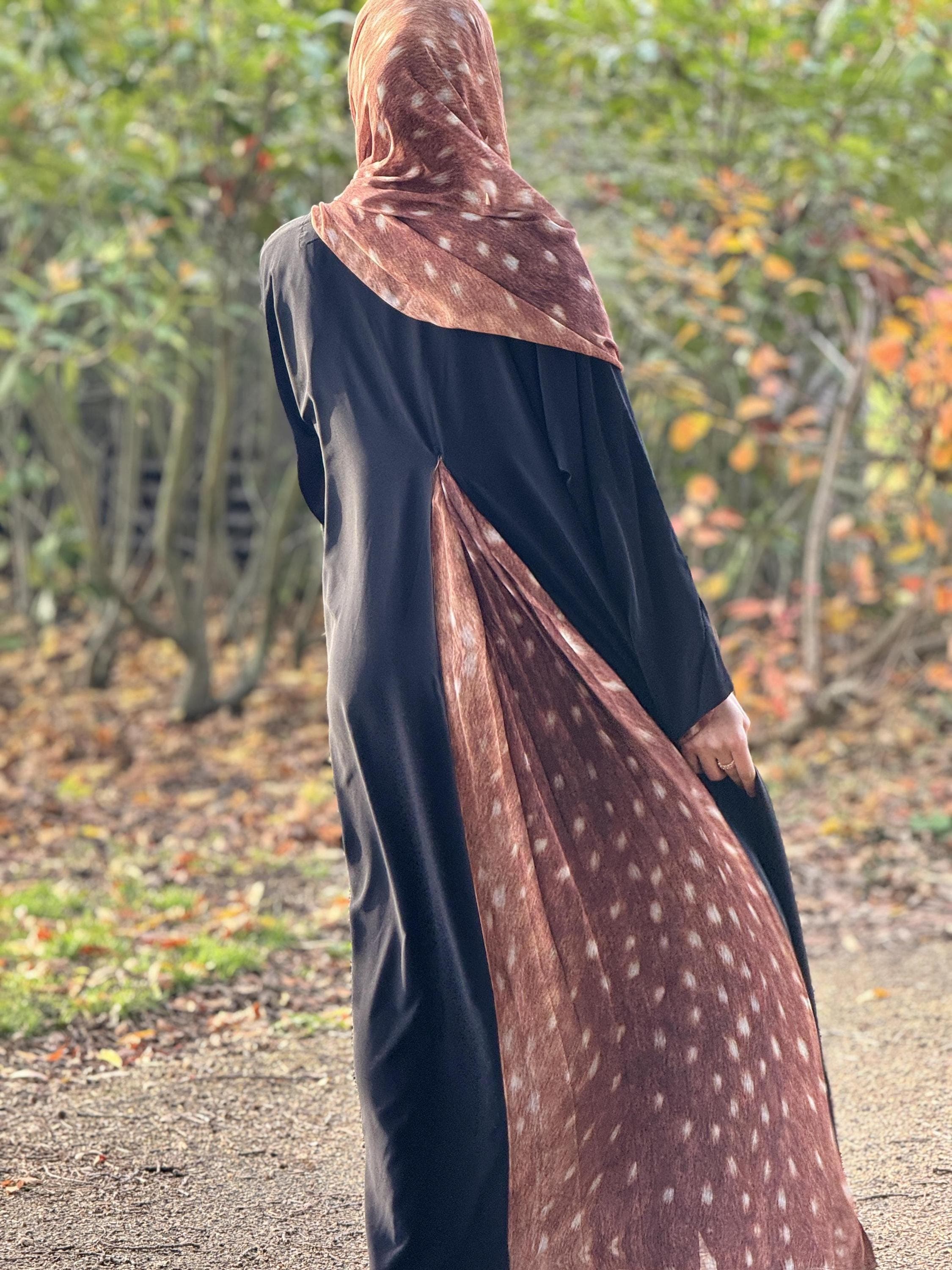 Fawn Print Black Abaya with Hijab Set