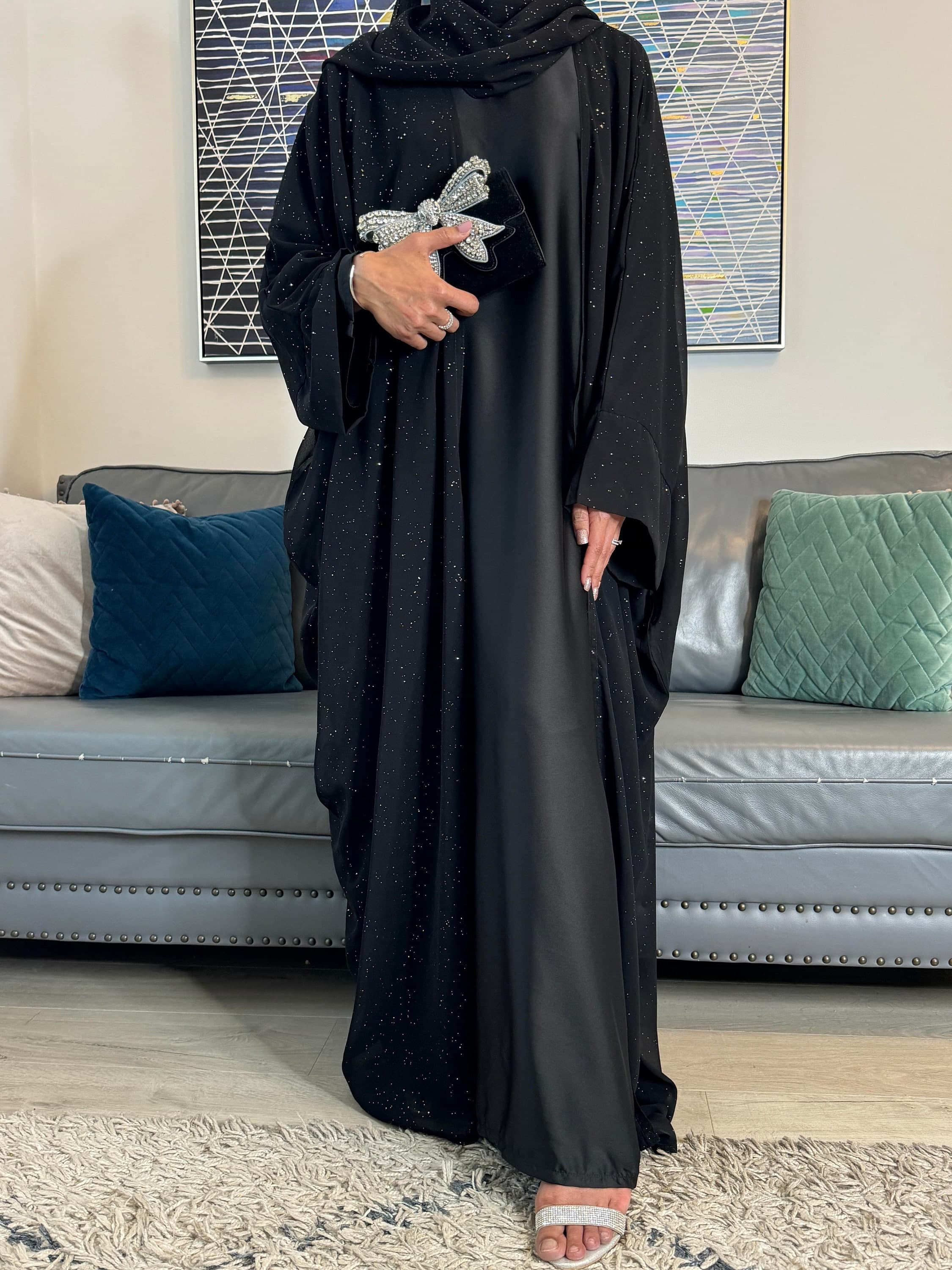 Luxury Twinkle Butterfly Abaya Set with Satin Full Sleeve Inner Dress & Hijab | Elegant 3-Piece Glitter Open Abaya Set - image 5