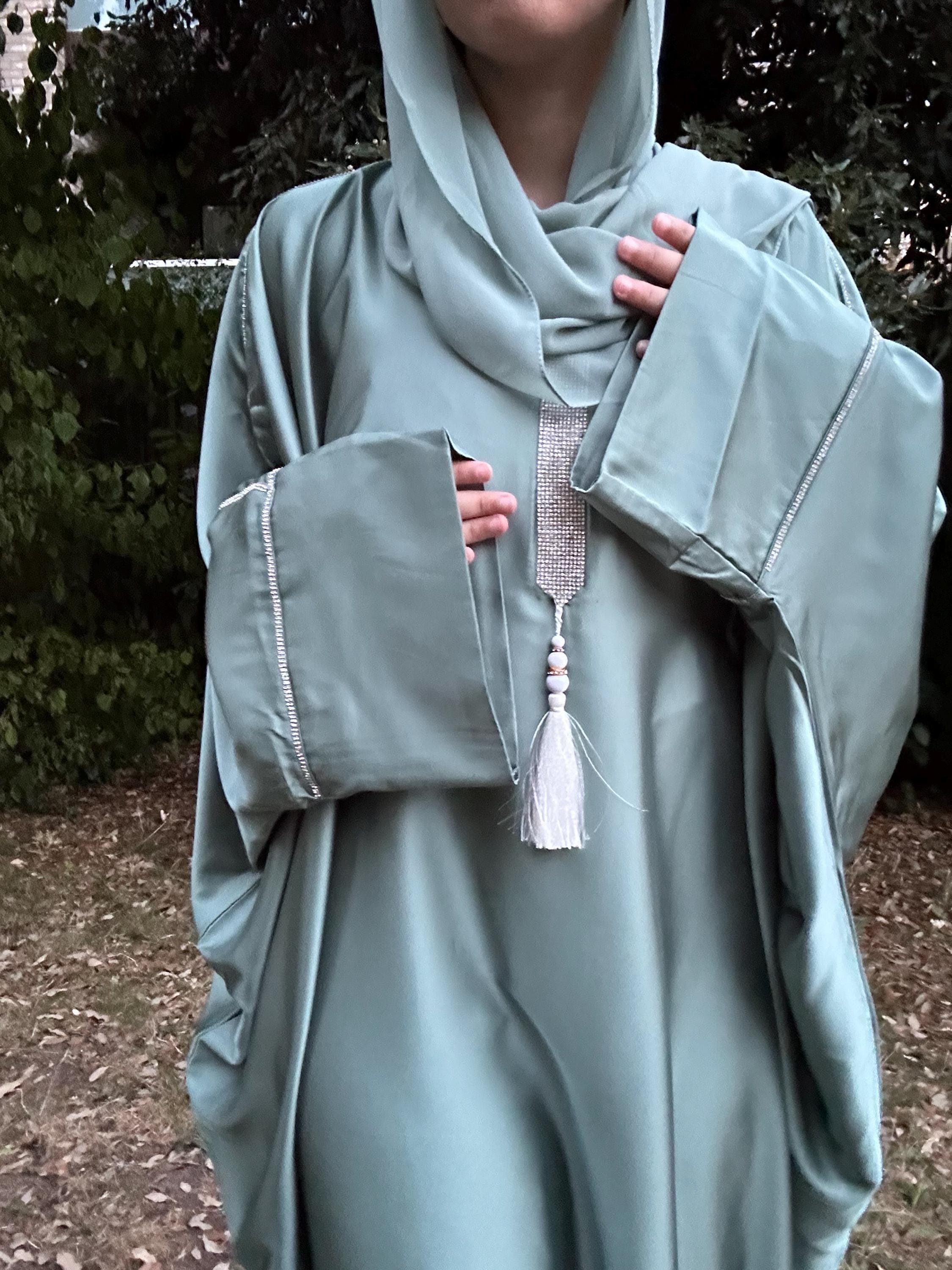 Heena Closed Satin Kaftan Abaya with Gemstone Embellished Collar, Inner Belt & Tassel - Candy Floss Pink and Mint - image 3