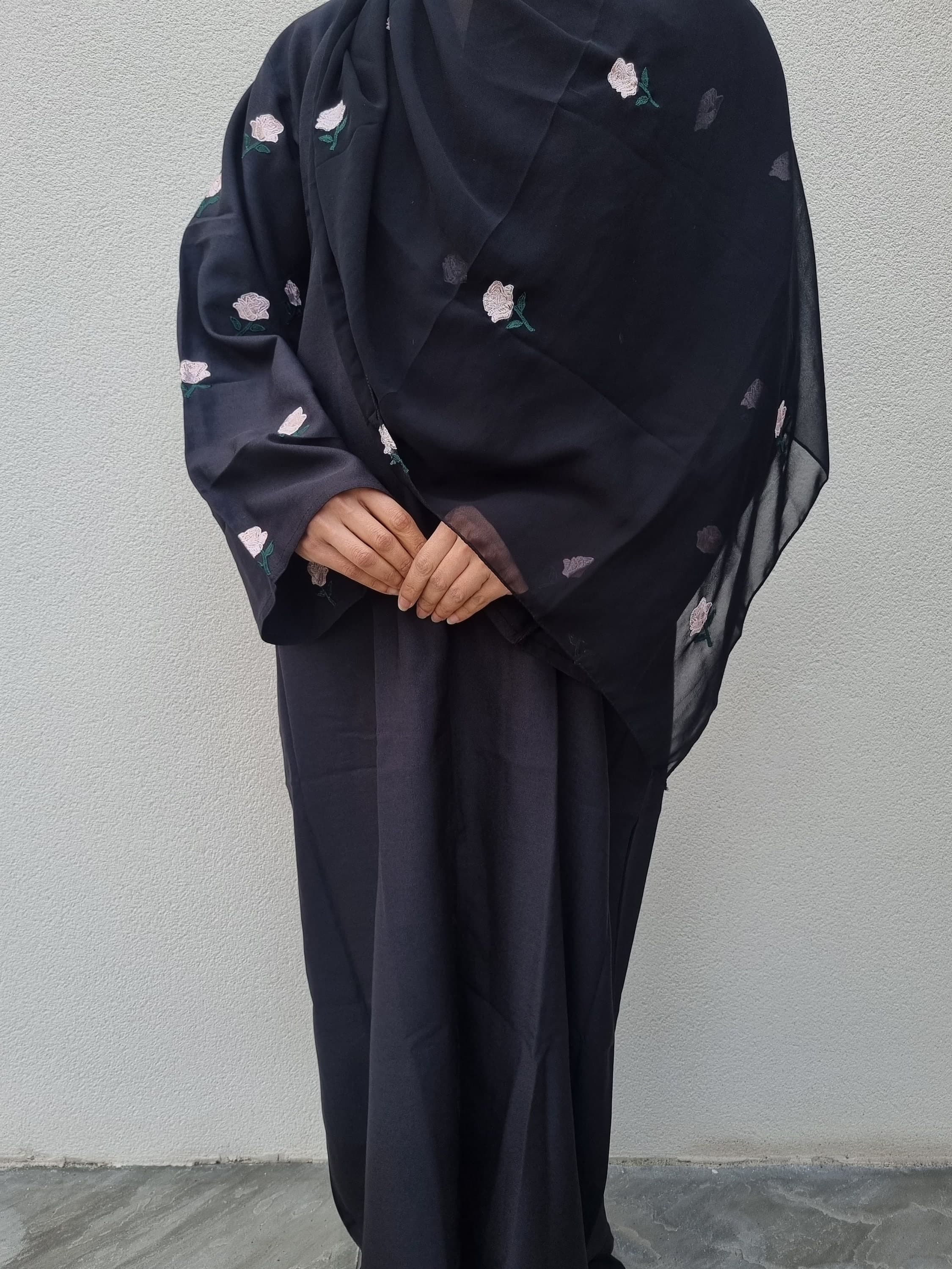 Rose Floral Embroidery Linen Abaya in Black With Luxury Embroidered Hijab - Abaya with Pink Roses - image 5