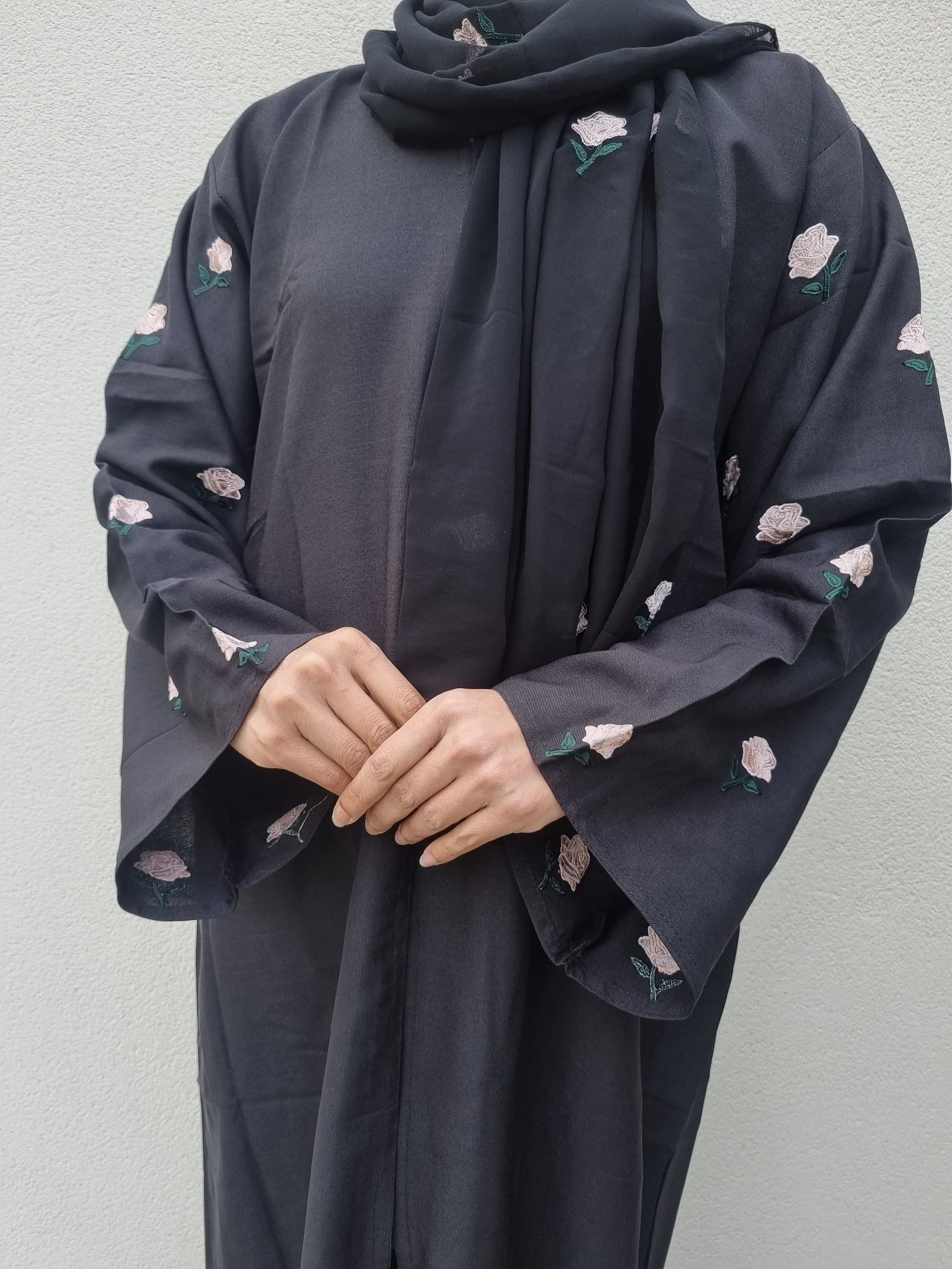 Rose Floral Embroidery Linen Abaya in Black With Luxury Embroidered Hijab - Abaya with Pink Roses - image 3