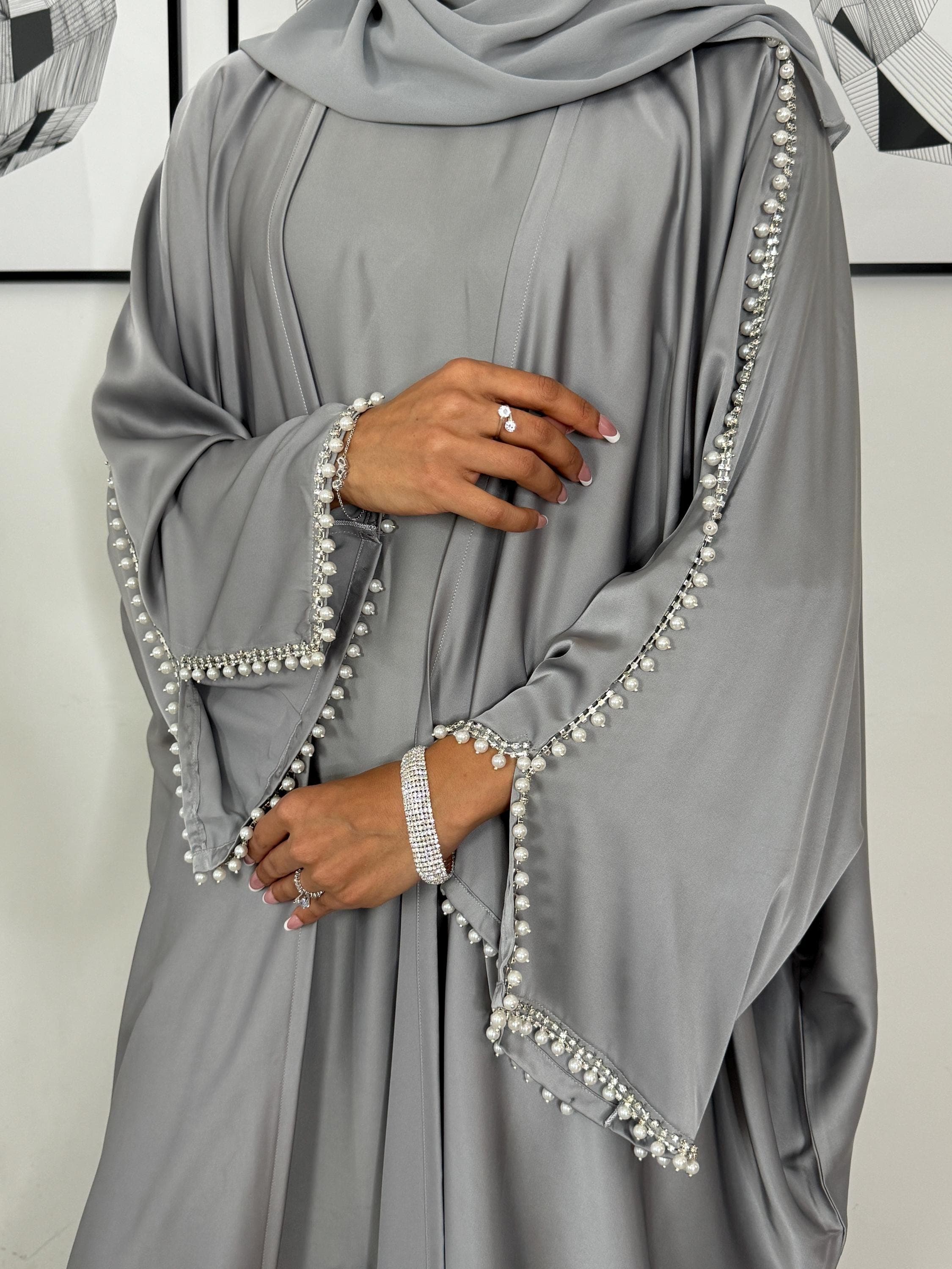 PureAbayas Lulu - Luxury Satin 3-Piece Abaya Set with Pearl & Diamante Embellishments, Open Butterfly Design, Slip Dress, and Matching Scarf - image 5