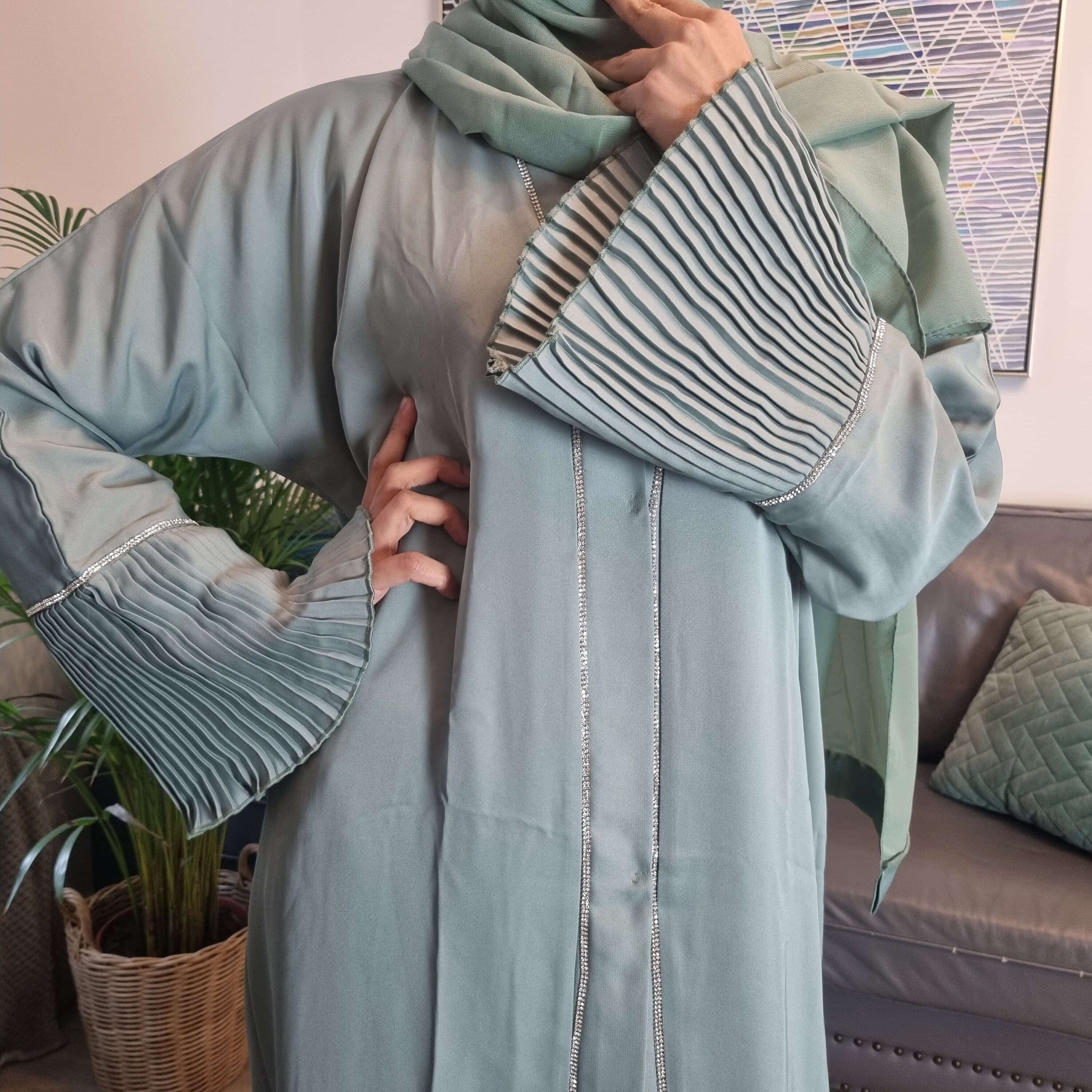 Mint Frill Open Abaya,Dubai abaya, party abaya,kaftan, jilbub,morrocan dress turkey dress, hijab, wedding abaya,dress,party abaya,Sage abaya - image 3