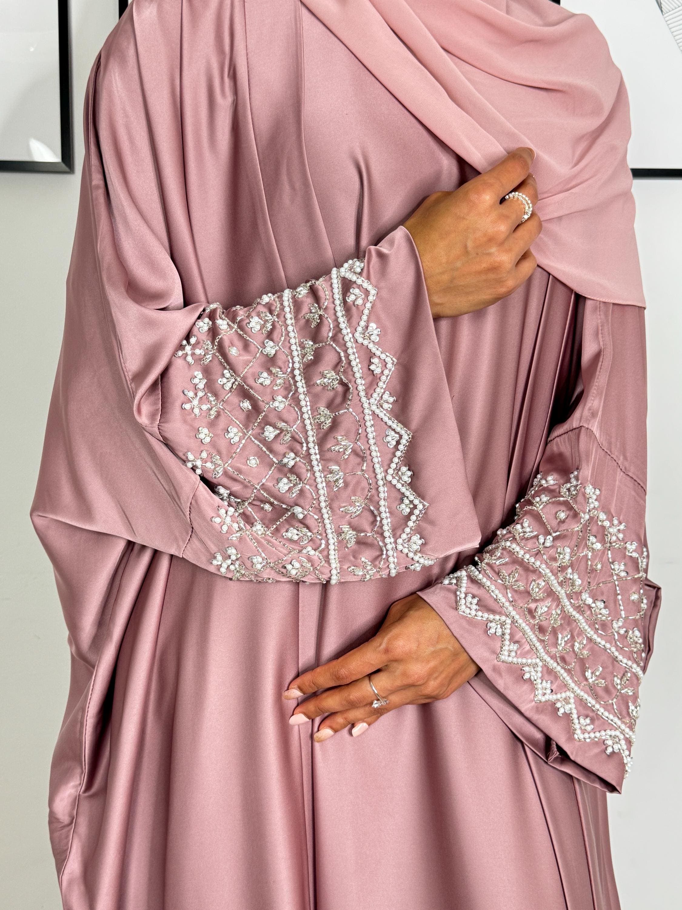 Zainab Luxury Satin 3-Piece Abaya Set|Champagne, Black, Blush, Silver abaya with Inner Slip Dress,Scarf | Handwork,Beads & Pearls Detailing