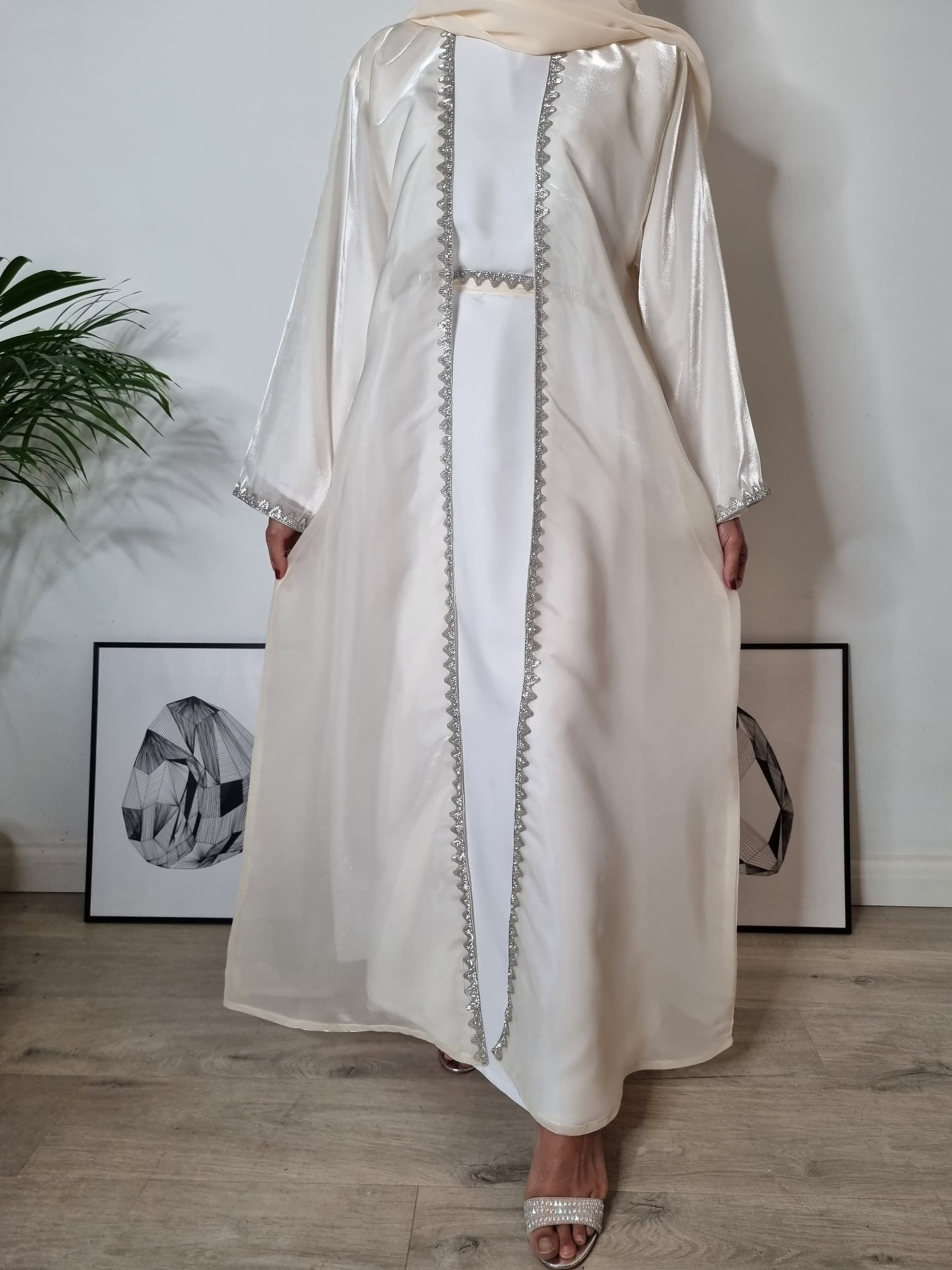 Opulent Malika Organza Silk Abaya 4-Piece Set - Diamanté Embellishments - Pink Blush Champagne Beige Parties and Special Occasions Nikah - image 4