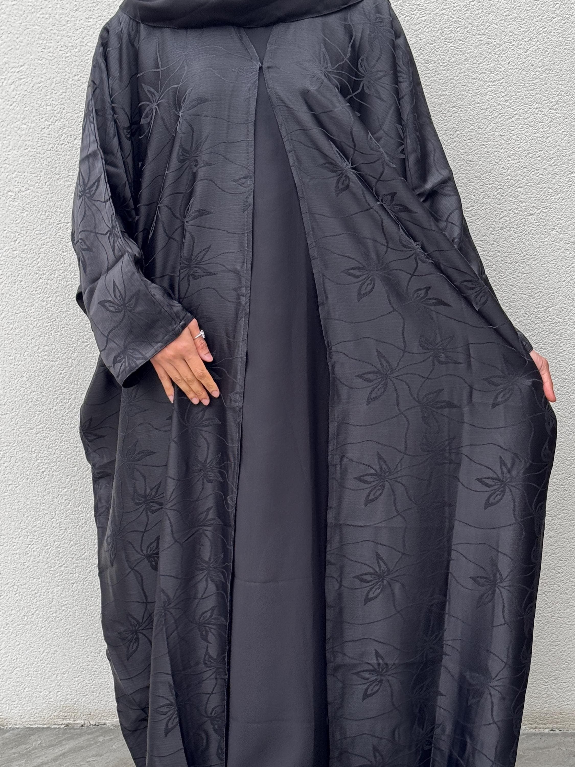 Jacquard Khadija Butterfly  Abaya with  Hijab - Charcoal Black, Dark Brown, - Vine Leaves Design- winter abaya, Eid outfit - image 4