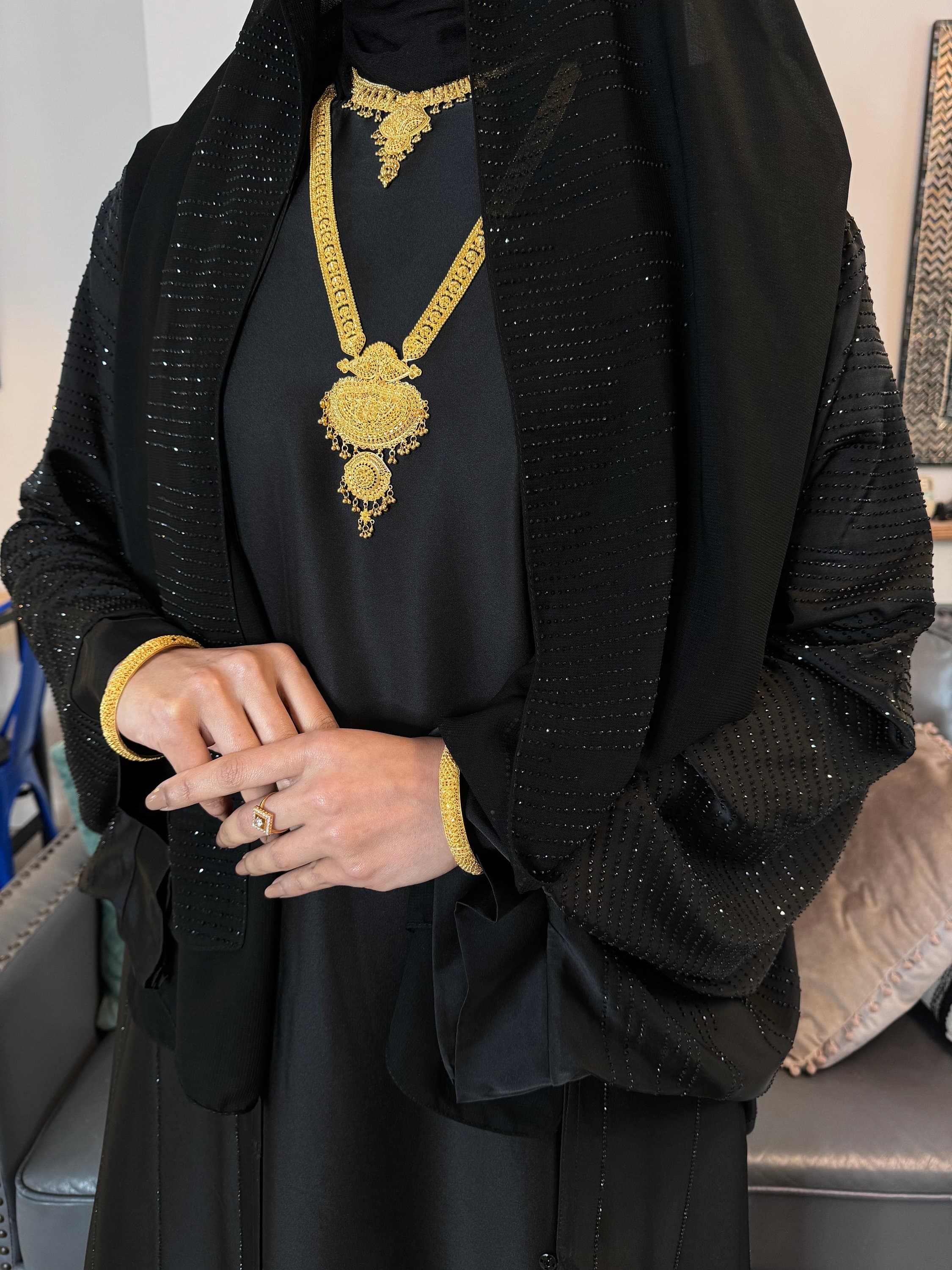 Khaleeji Butterfly Abaya-Black Open loose fit abaya in satin, Gemstone ,Scarf- Modest Islamic Fashion - image 5