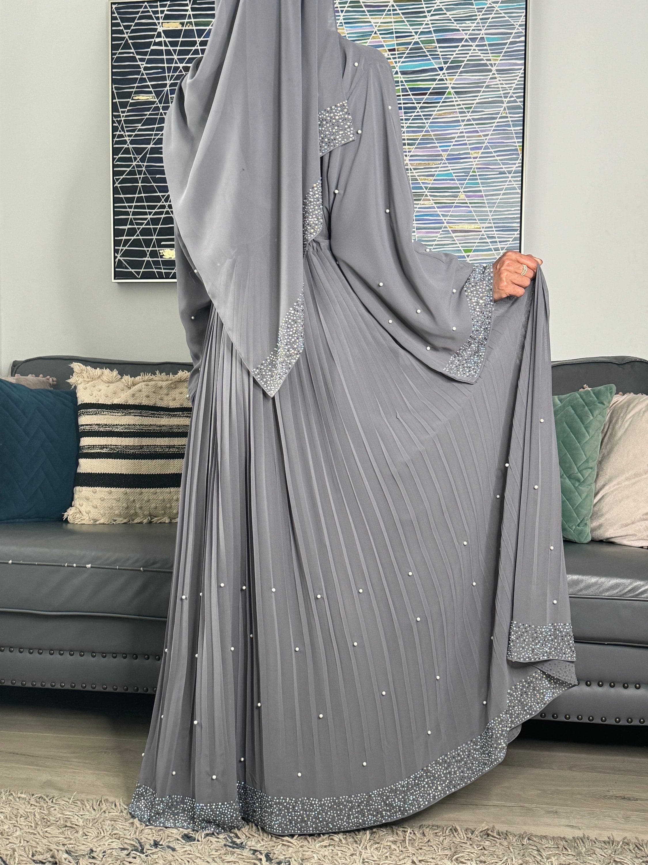 Elegant Jahan Occasion Abaya Set Grey with Pearls, Gemstones - Luxury Dubai, Ideal for Weddings, Eid, Parties, Kaftan Maxi Long Dress - image 5