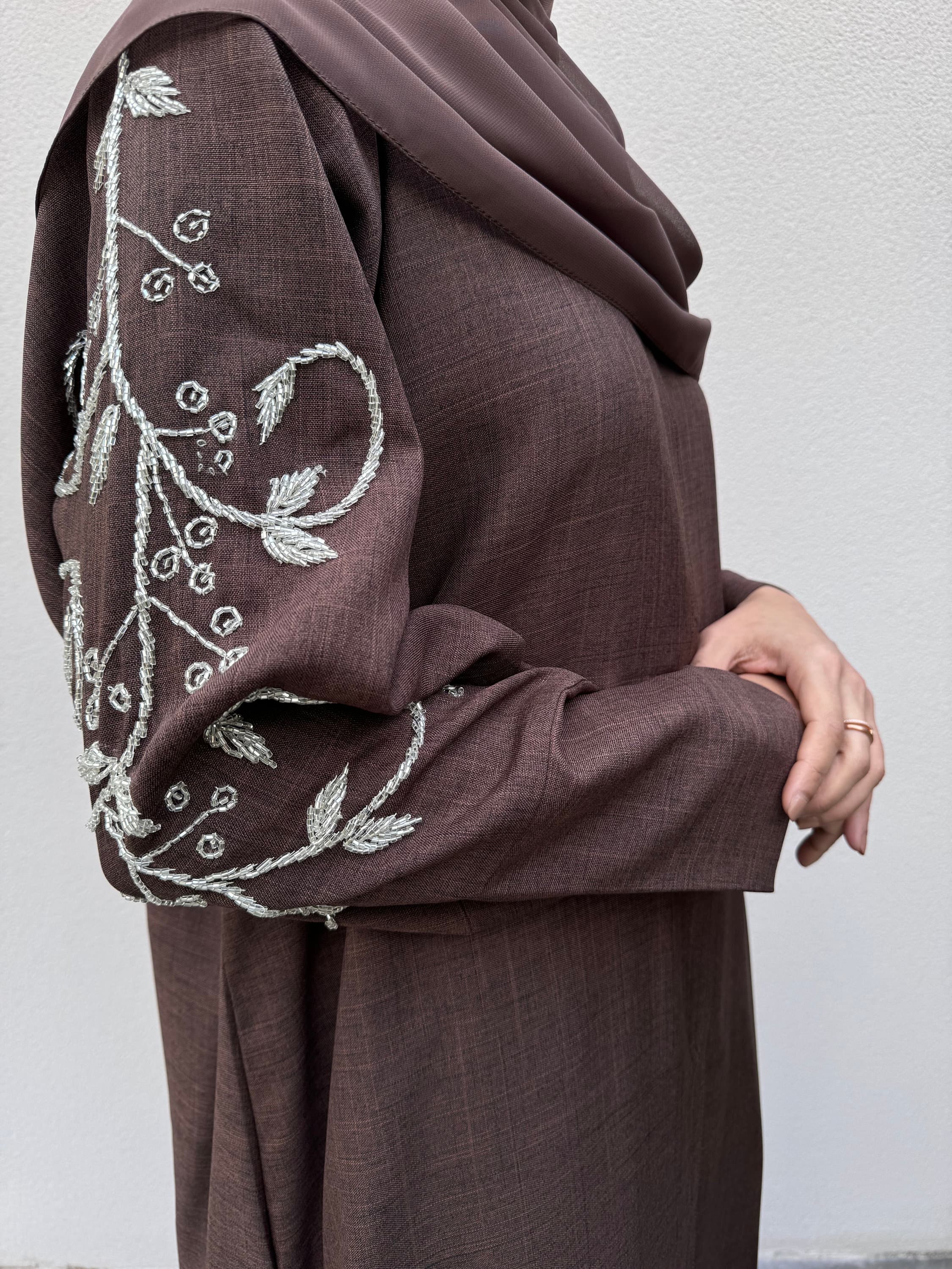 Yara Linen Handwork Open Abaya with Scarf