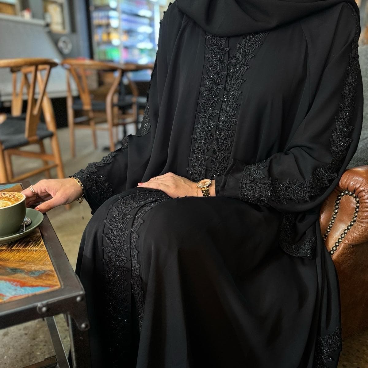 PureAbayas Luxury Madina Open Umbrella Abaya with Lace Embellishments - image 4