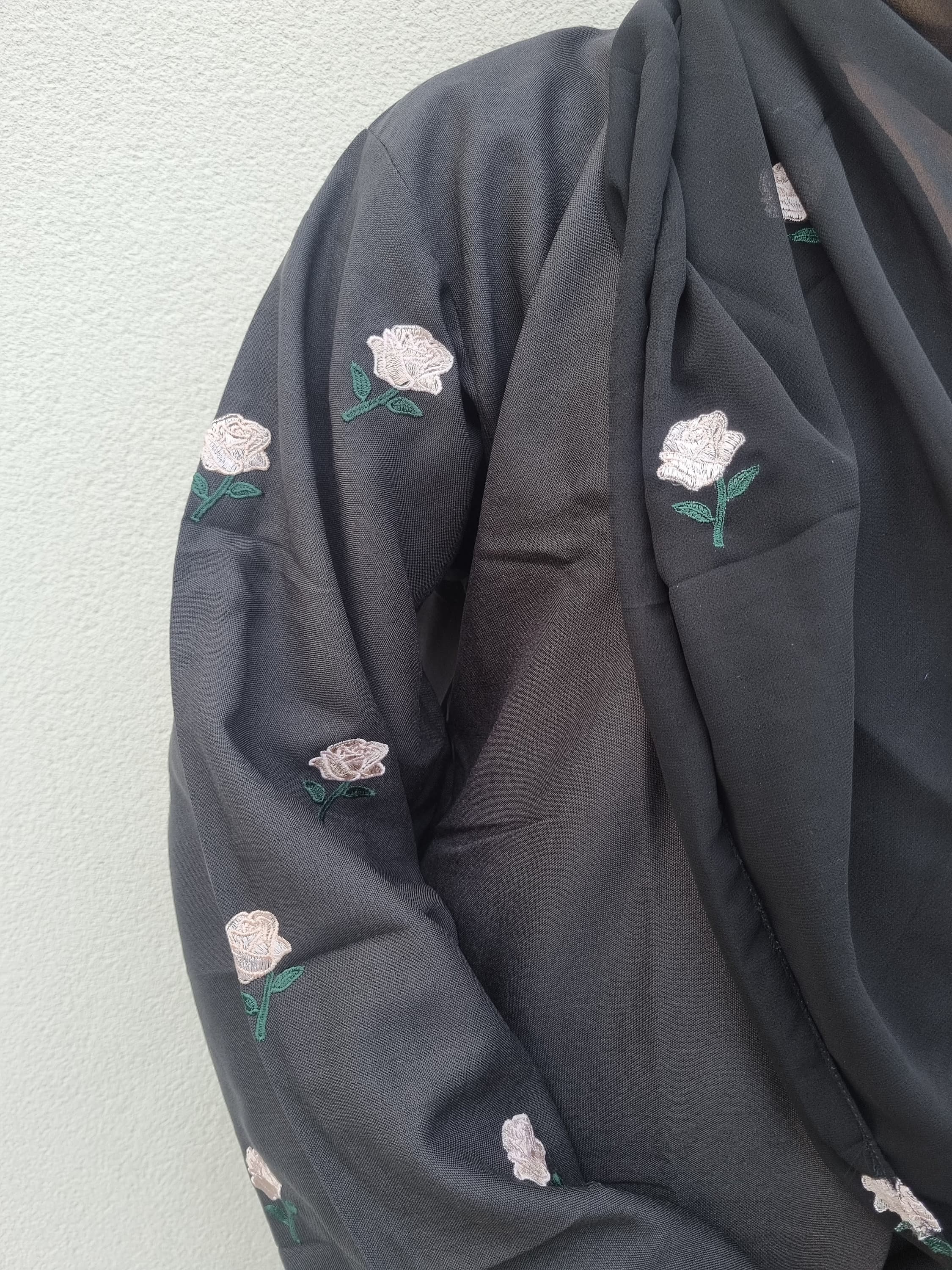 Rose Floral Embroidery Linen Abaya in Black With Luxury Embroidered Hijab - Abaya with Pink Roses - image 4